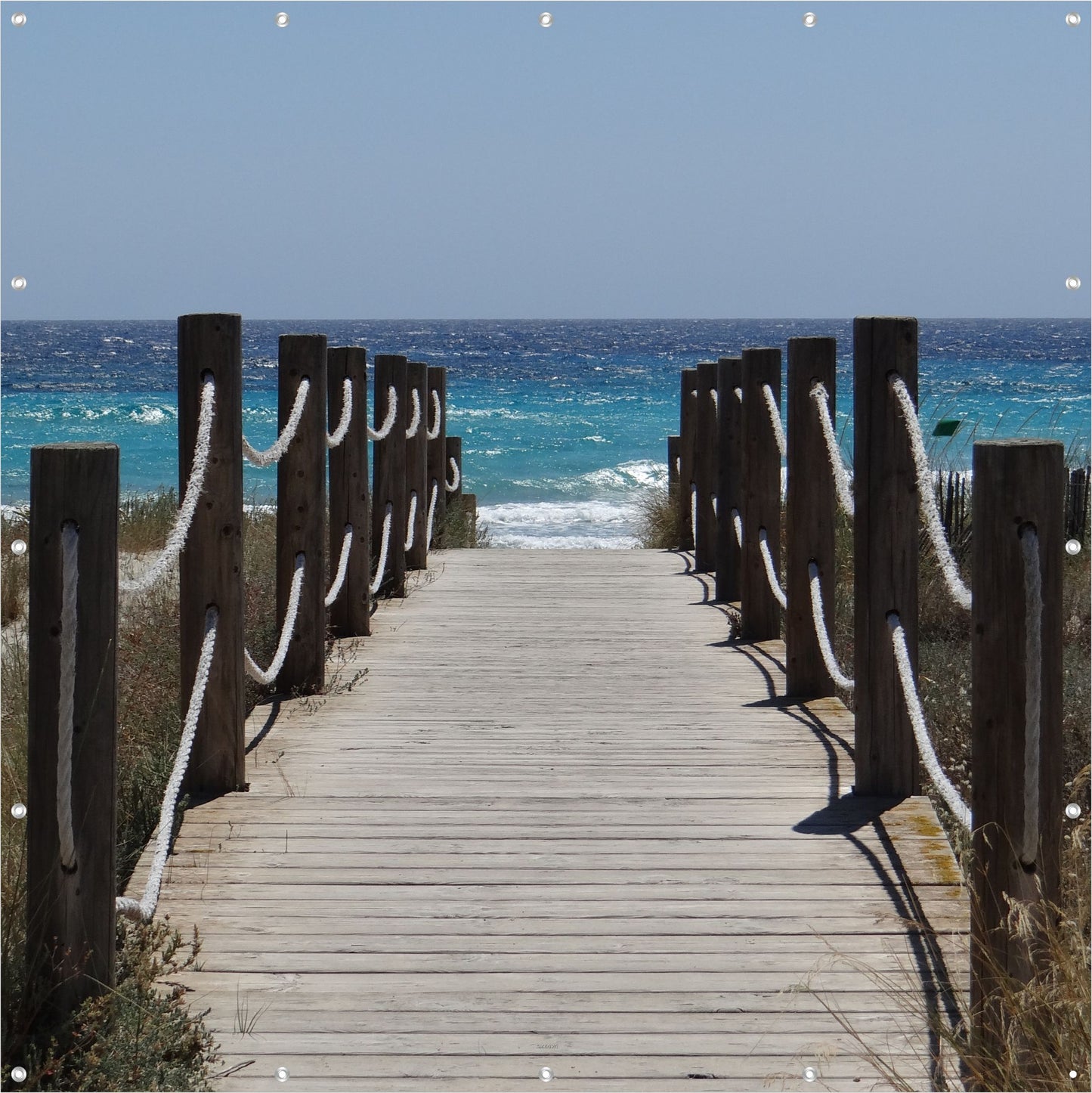 Outdoor Bild Banner Außen Gartenposter Wetterfest 180x180 cm Holzbrücke Meer Wellen