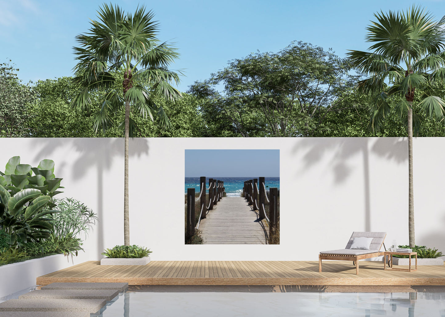 Outdoor Bild Banner Außen Gartenposter Wetterfest 180x180 cm Holzbrücke Meer Wellen