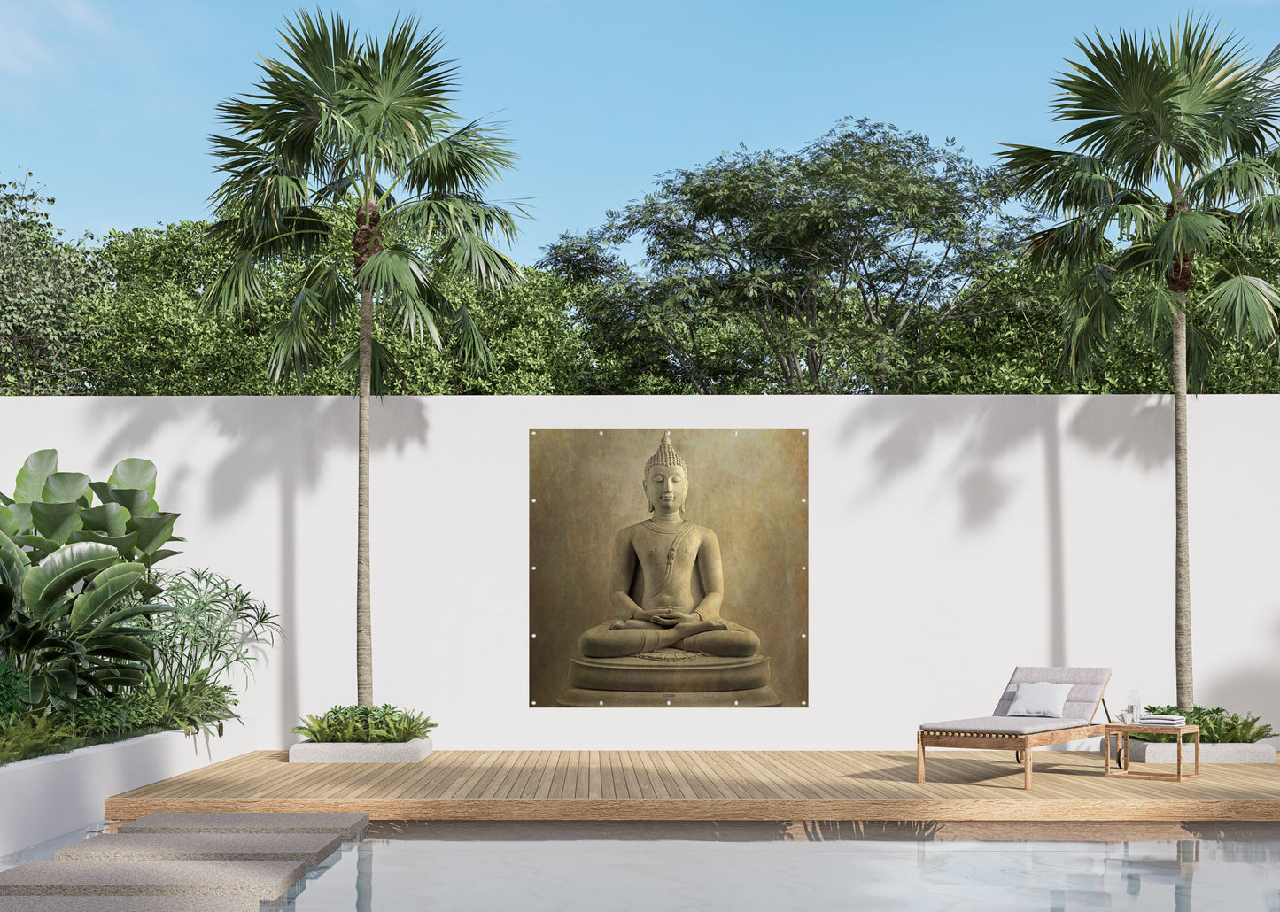 Outdoor Bild Banner Außen Gartenposter Wetterfest 180x180cm Buddha Statue Stein
