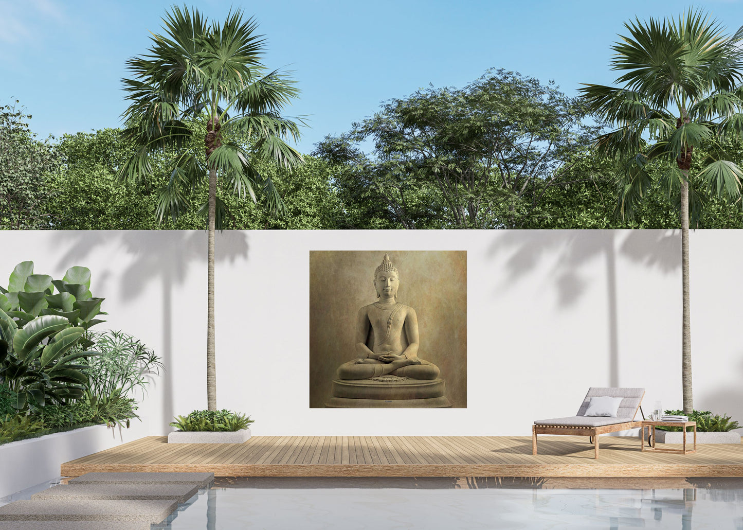 Outdoor Bild Banner Außen Gartenposter Wetterfest 180x180cm Buddha Statue Stein