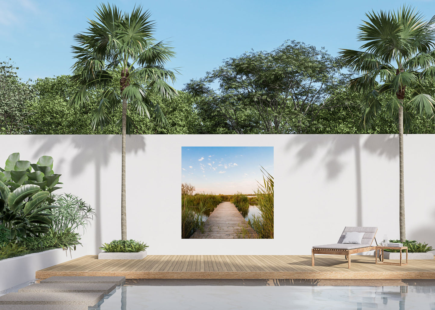 Outdoor Bild Banner Außen Gartenposter Wetterfest 180x180cm Natur See Steg