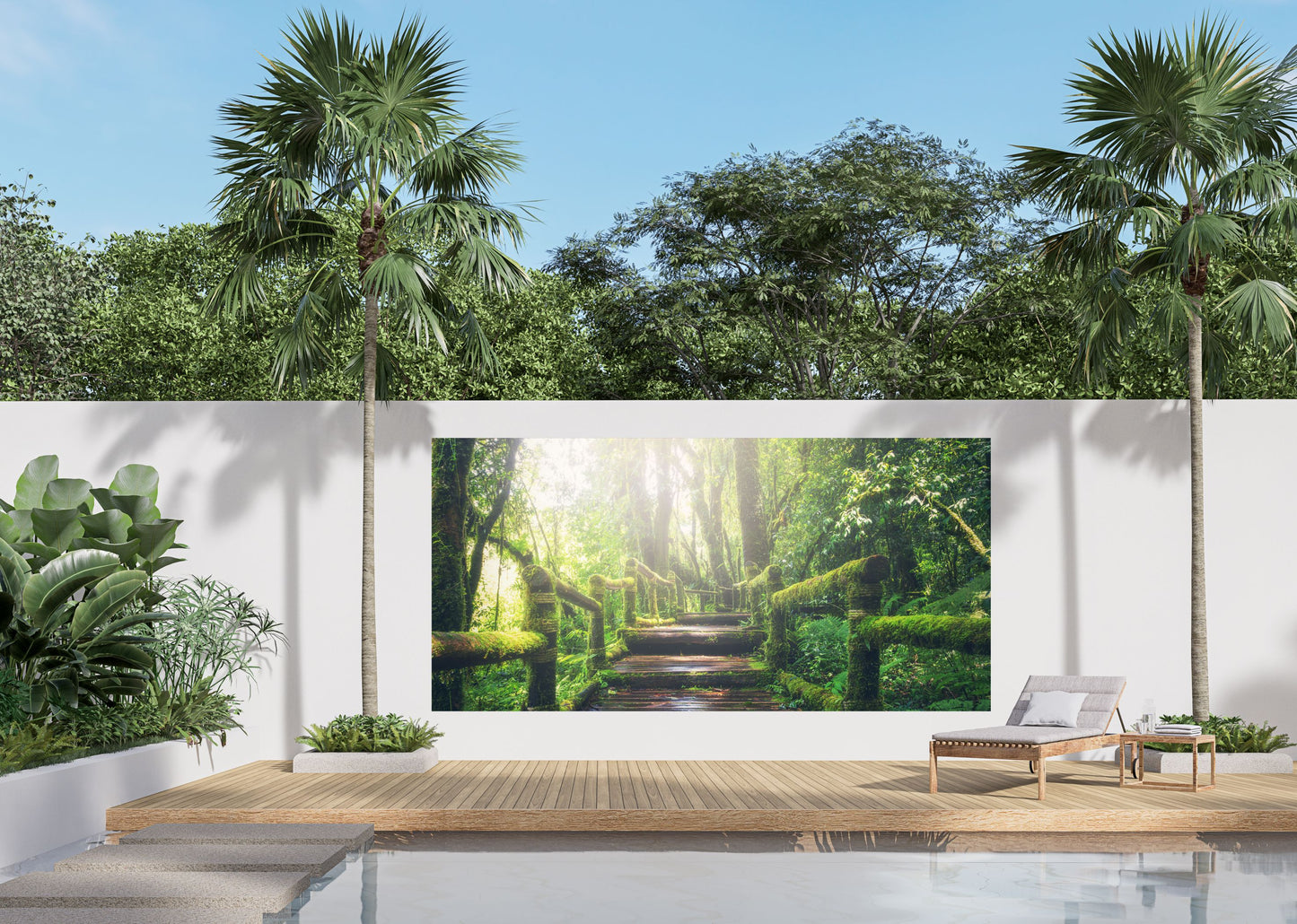 Outdoor Bild Banner Außen Gartenposter wetterfest 370x180 cm Holztreppe Wald Natur