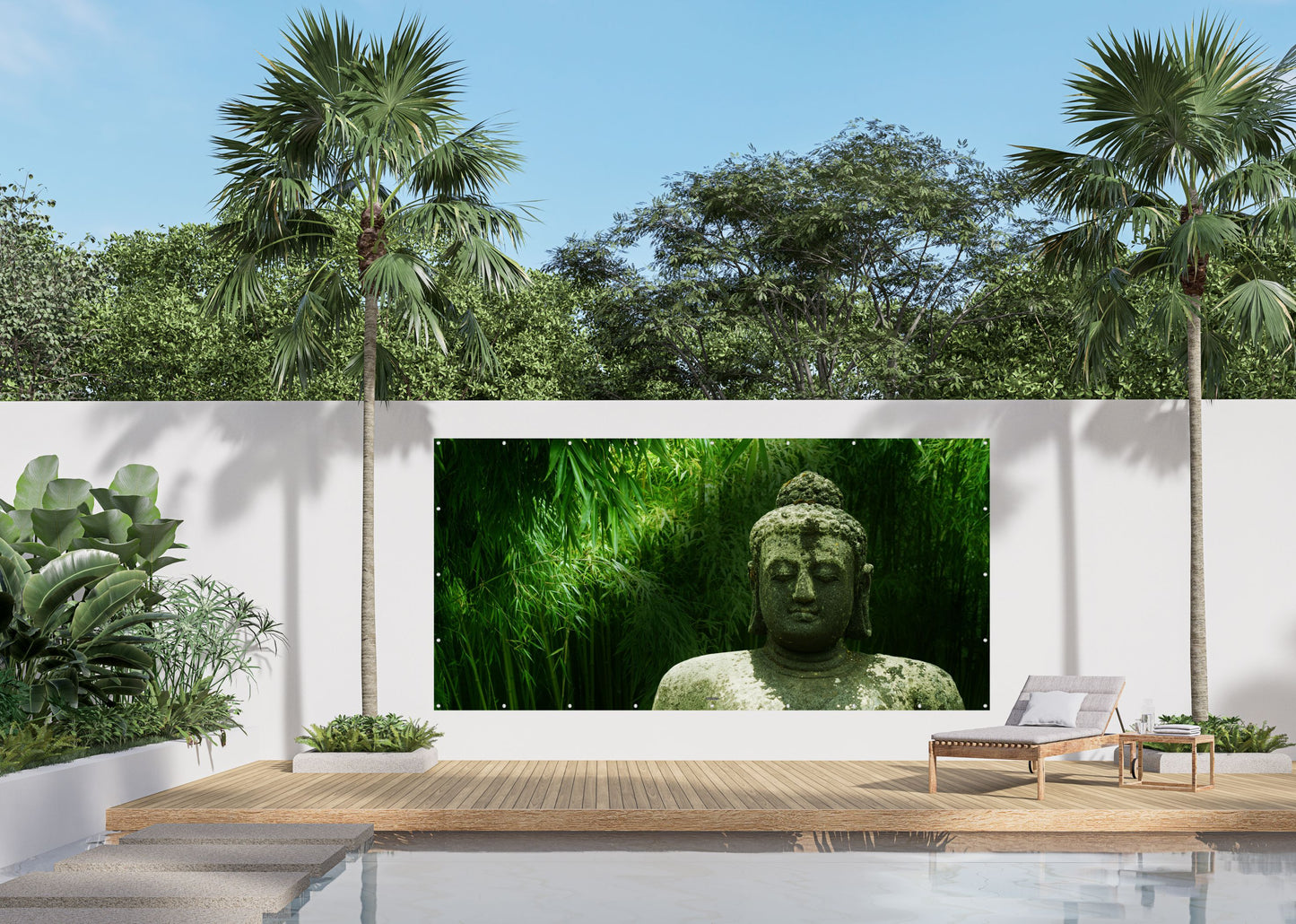 Outdoor Bild Banner Außen Gartenposter wetterfest 370x180 cm Buddha Bambus Garten