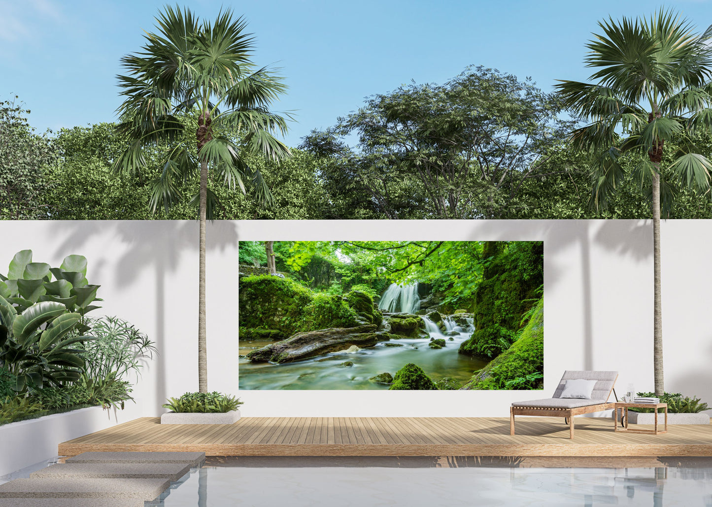 Outdoor Bild Banner Außen Gartenposter wetterfest 370x180 cm Wald Wasserfall Landschaft