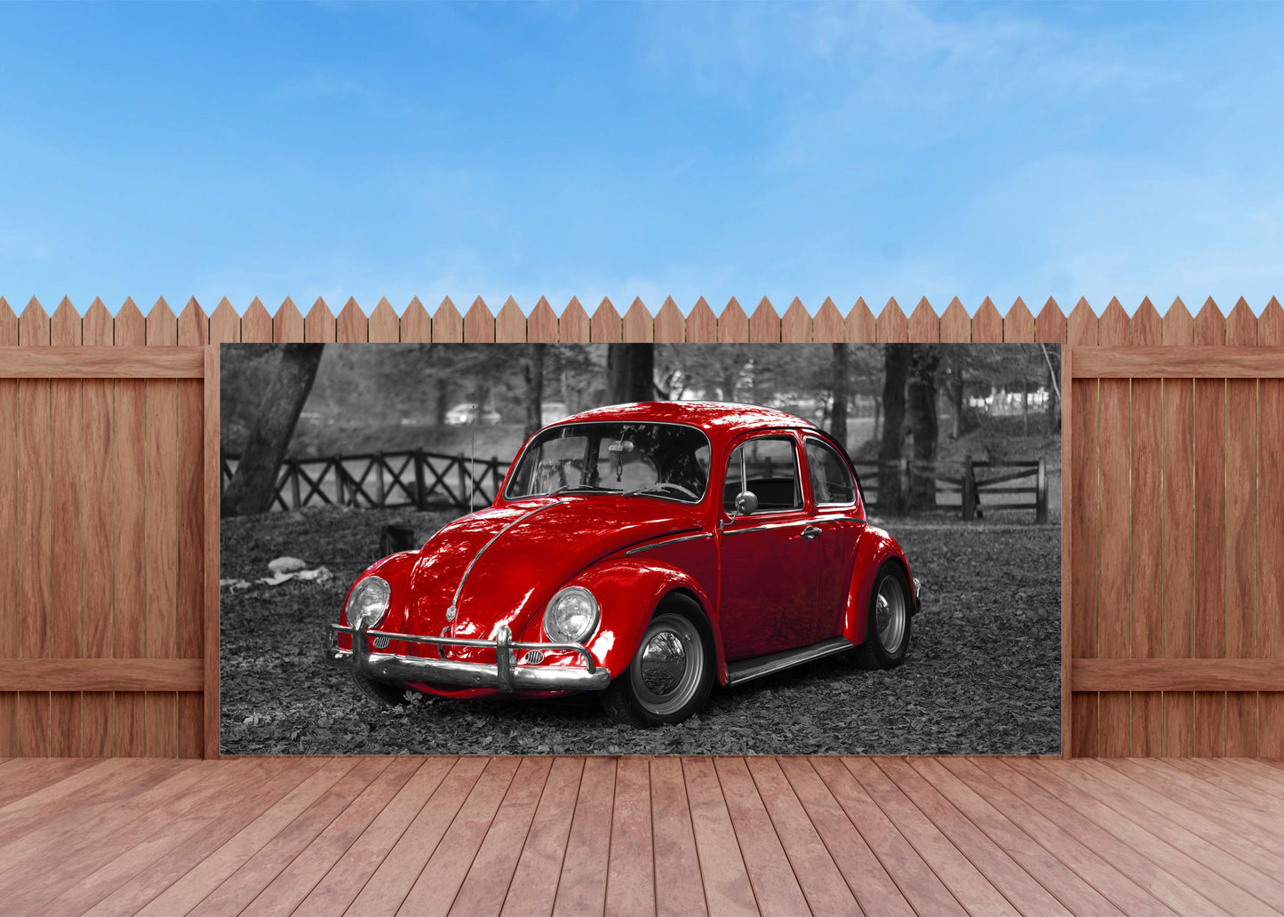 OUTDOOR BILD BANNER GARTENPOSTER WETTERFEST 370x180 AUTO OLDTIMER KÄFER ROT