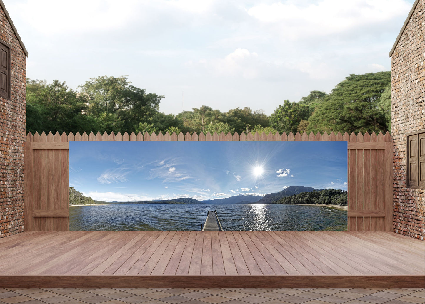 Outdoor Bild Banner Außen Gartenposter wetterfest 560x180cm See Natur Berg Steg
