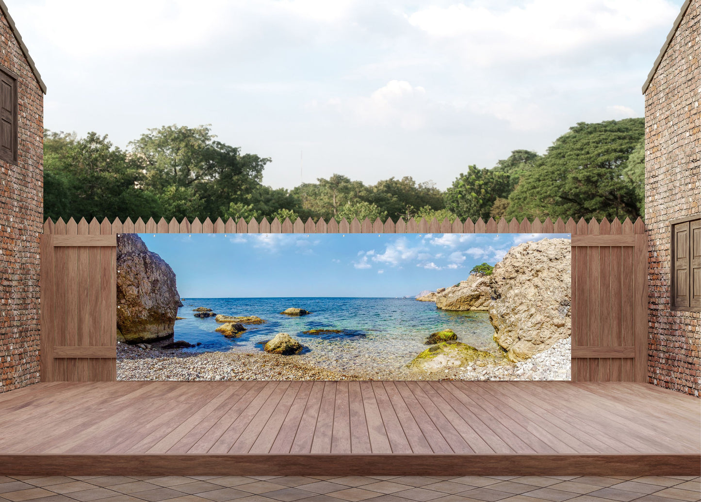 Outdoor Bild Banner Außen Gartenposter wetterfest 560x180 Felsen Meer Strand
