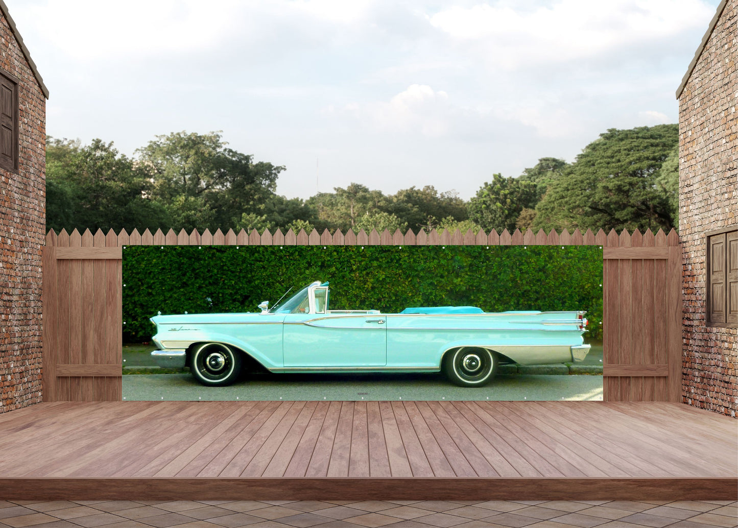 OUTDOOR BILD BANNER GARTENPOSTER ZWETTERFEST 560x180 AUTO US CAR RETRO