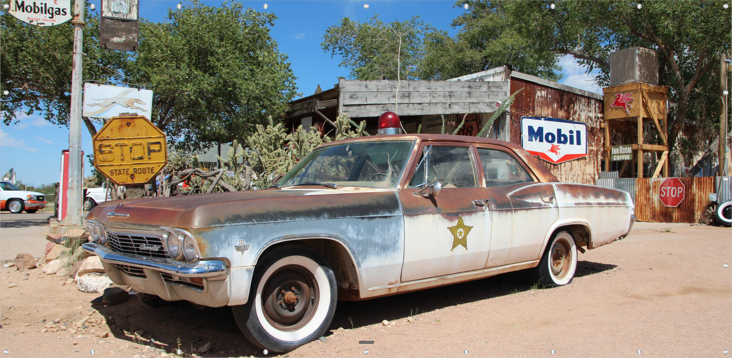 OUTDOOR BILD BANNER GARTENPOSTER WETTERFEST 370x180 AUTO US SHERIFF OLDTIMER