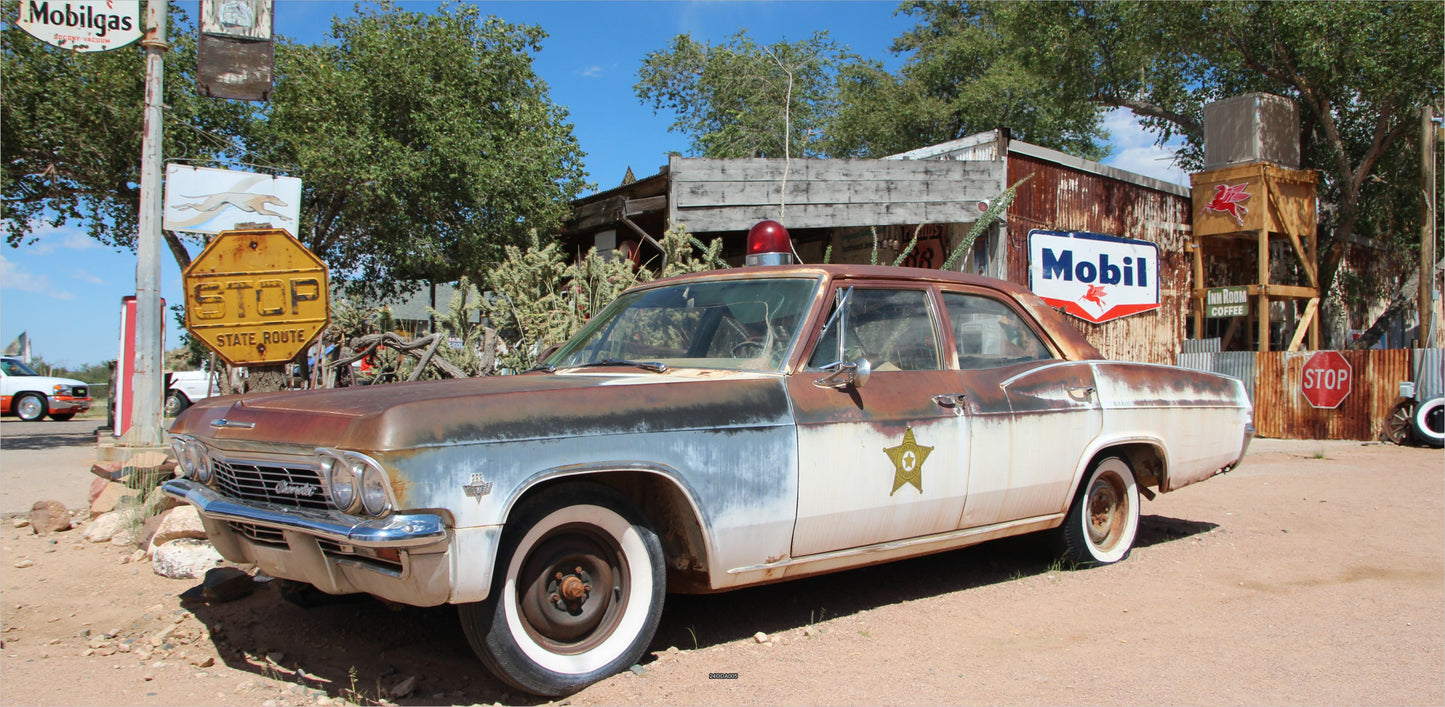 OUTDOOR BILD BANNER GARTENPOSTER WETTERFEST 370x180 AUTO US SHERIFF OLDTIMER