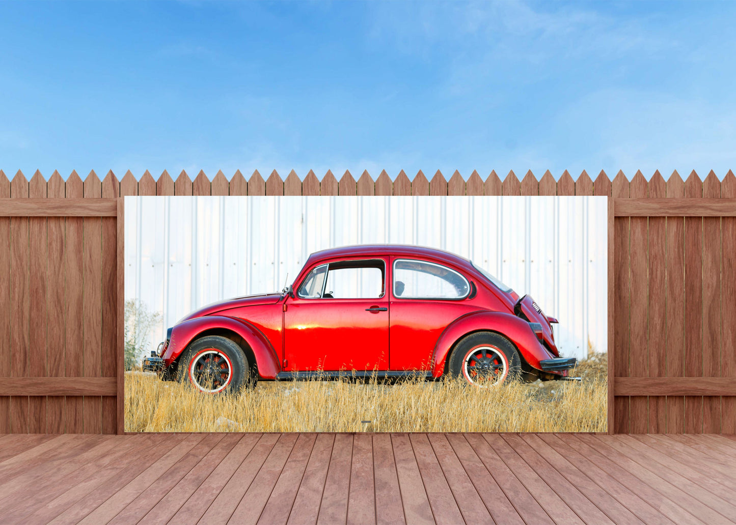 OUTDOOR BILD BANNER GARTENPOSTER WETTERFEST 370x180 AUTO VW KÄFER KULT ROT