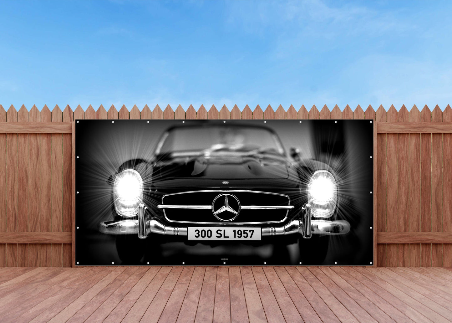 OUTDOOR BILD BANNER GARTENPOSTER WETTERFEST 370x180 AUTO MERCEDES 300SL