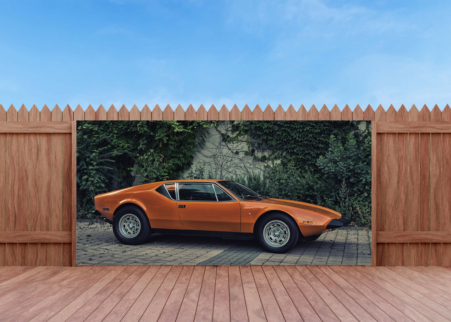 OUTDOOR BILD BANNER GARTENPOSTER WETTERFEST 370x180 AUTO SPORTWAGEN RETRO