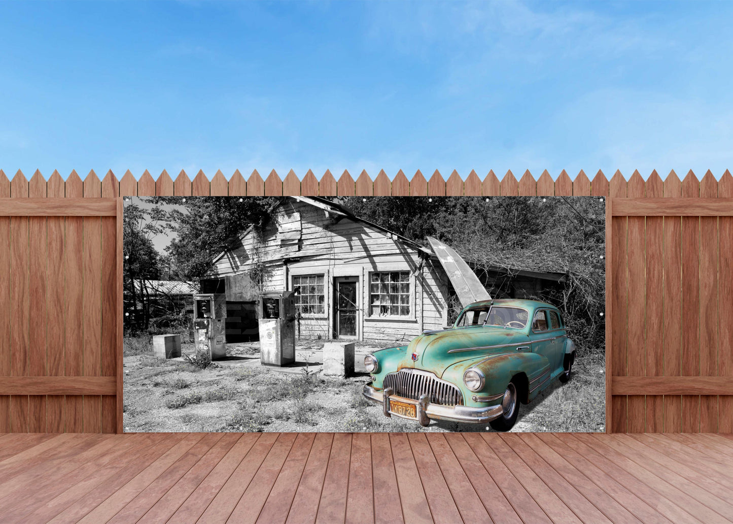 OUTDOOR BILD BANNER GARTENPOSTER WETTERFEST 370x180 AUTO US CAR AUTOWRACK