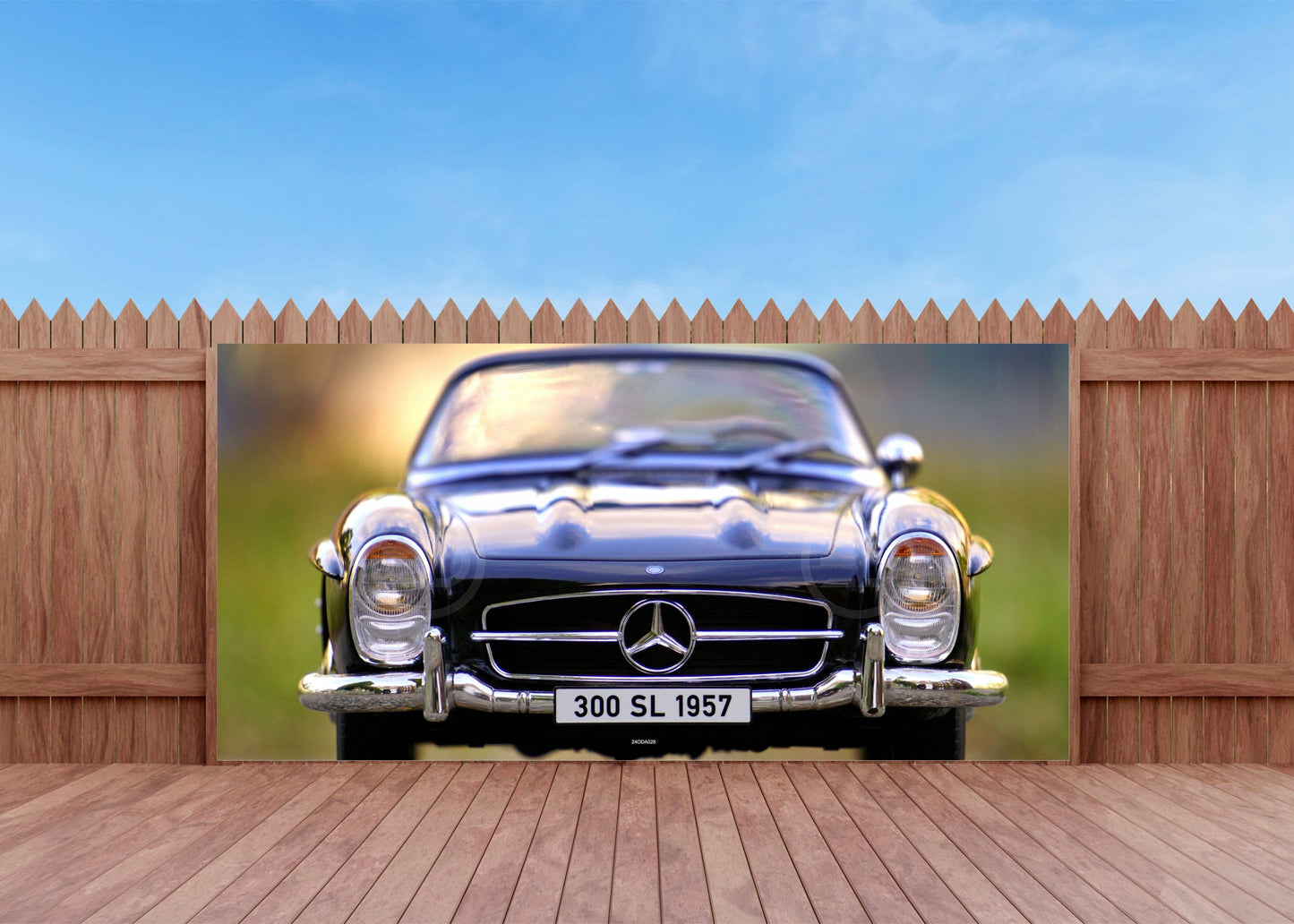 OUTDOOR BILD BANNER GARTENPOSTER WETTERFEST 370x180 AUTO MERCEDES SL OLDTIMER