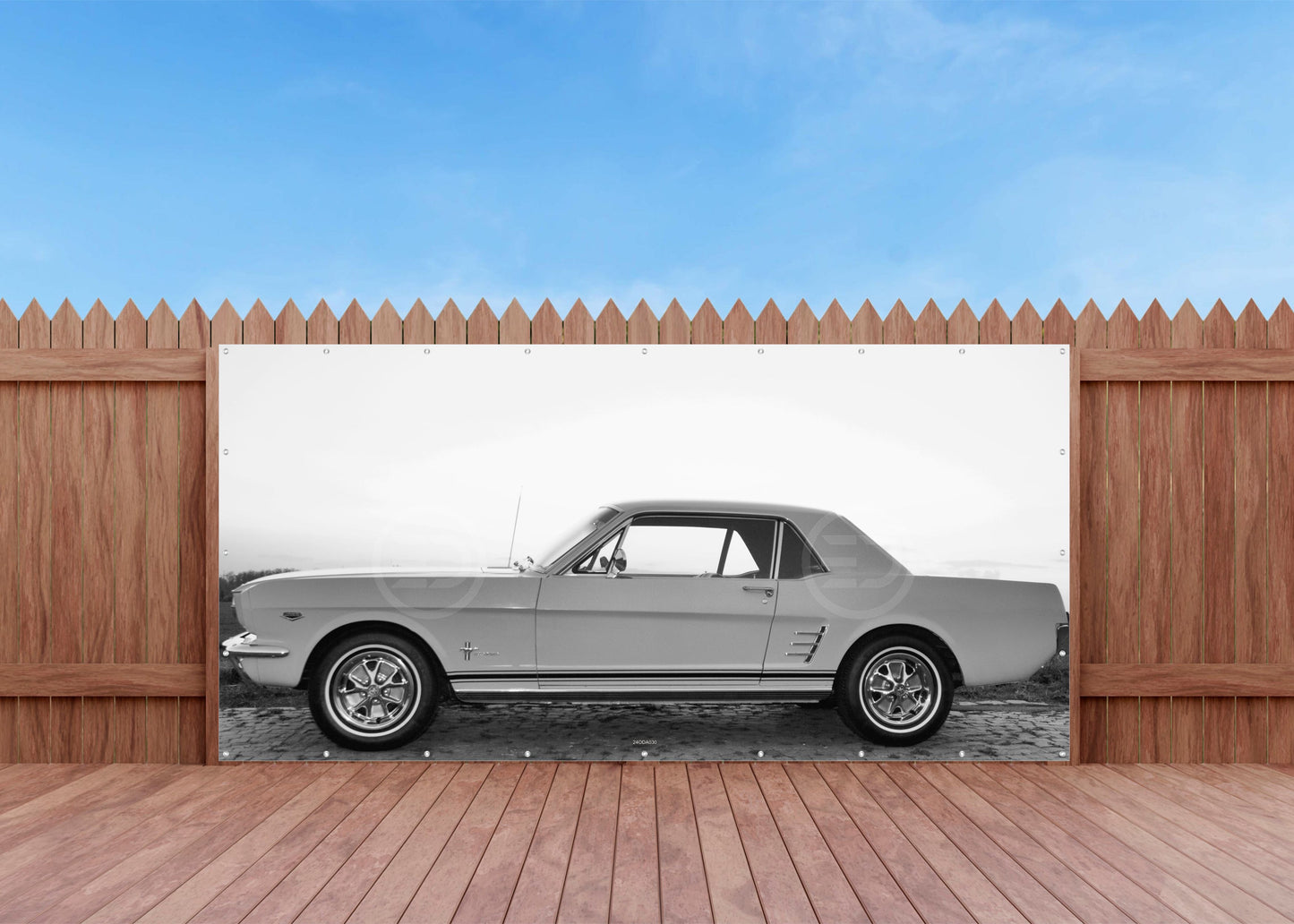 OUTDOOR BILD BANNER GARTENPOSTER WETTERFEST 370x180 AUTO OLDTIMER MUSTANG S/W