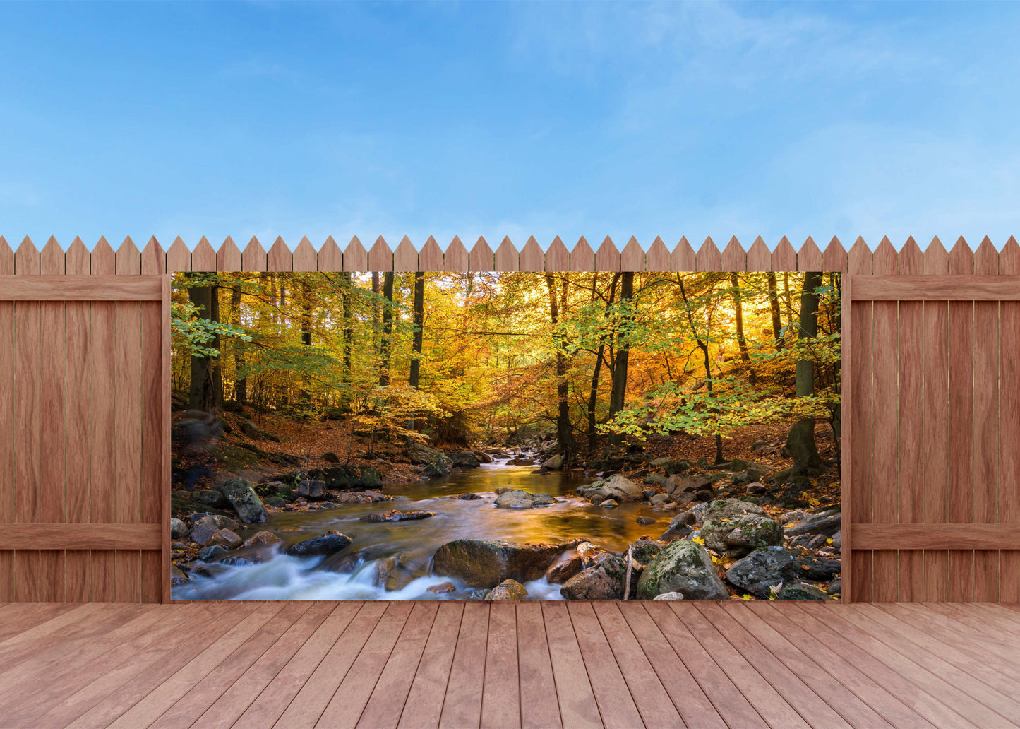 Outdoor Bild Banner Außen Gartenposter Wetterfest 370x180 Herbst Wald Wasserlauf