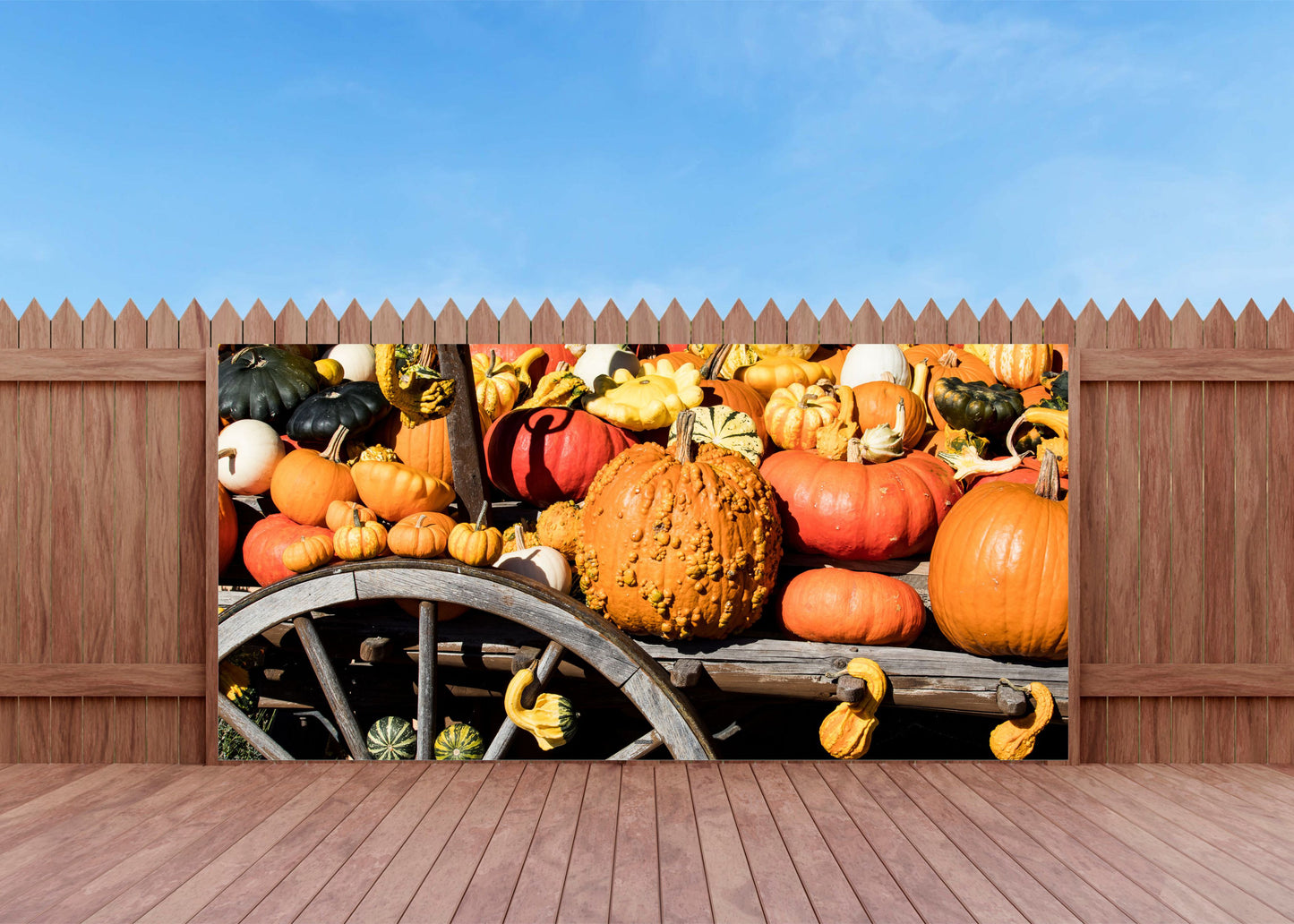 Outdoor Bild Banner Außen Gartenposter Wetterfest 370x180 Herbst Kürbisse Holzwagen