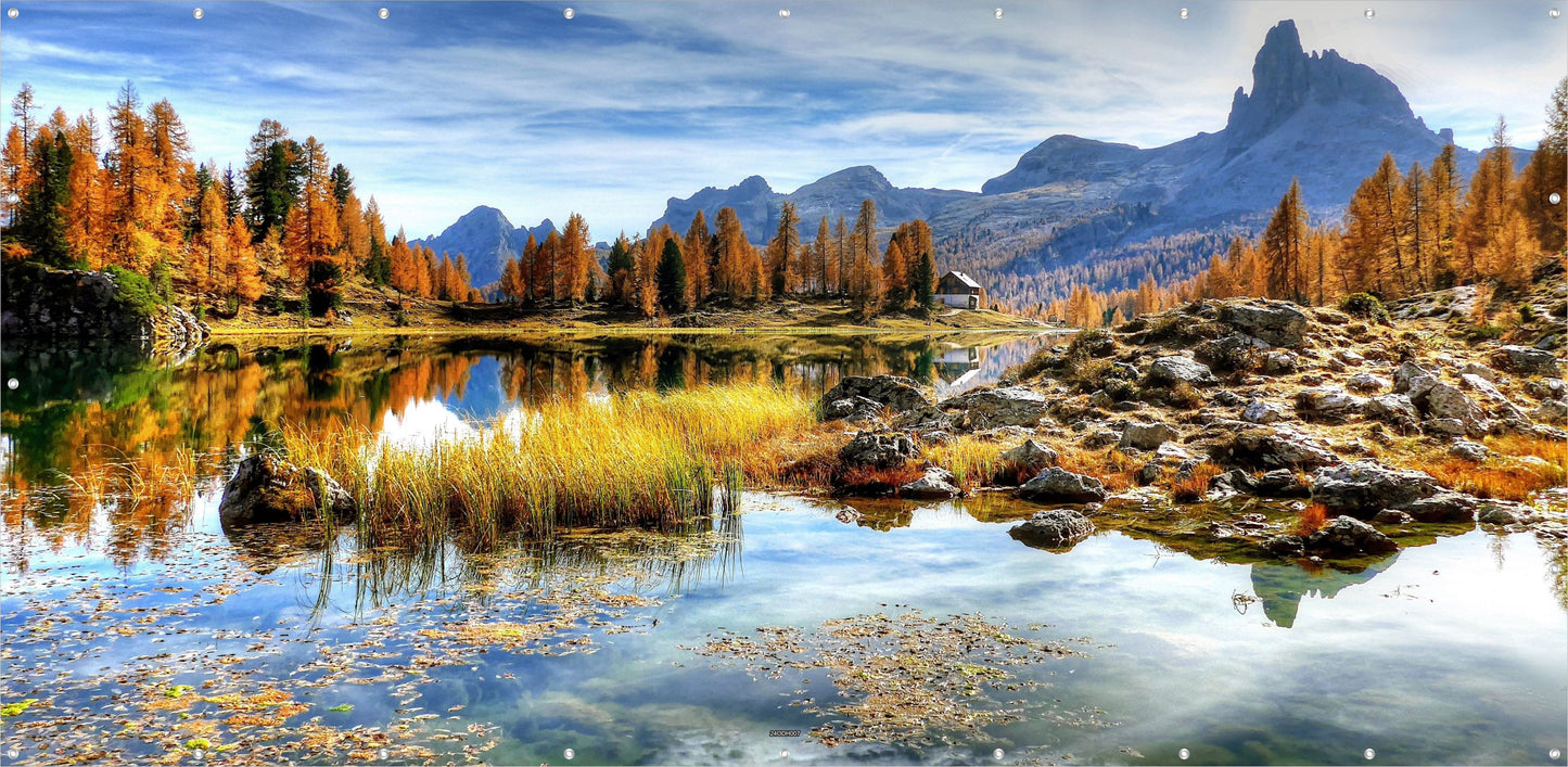 Outdoor Bild Banner Außen Gartenposter Wetterfest 370x180 Herbst Landschaft See Berge