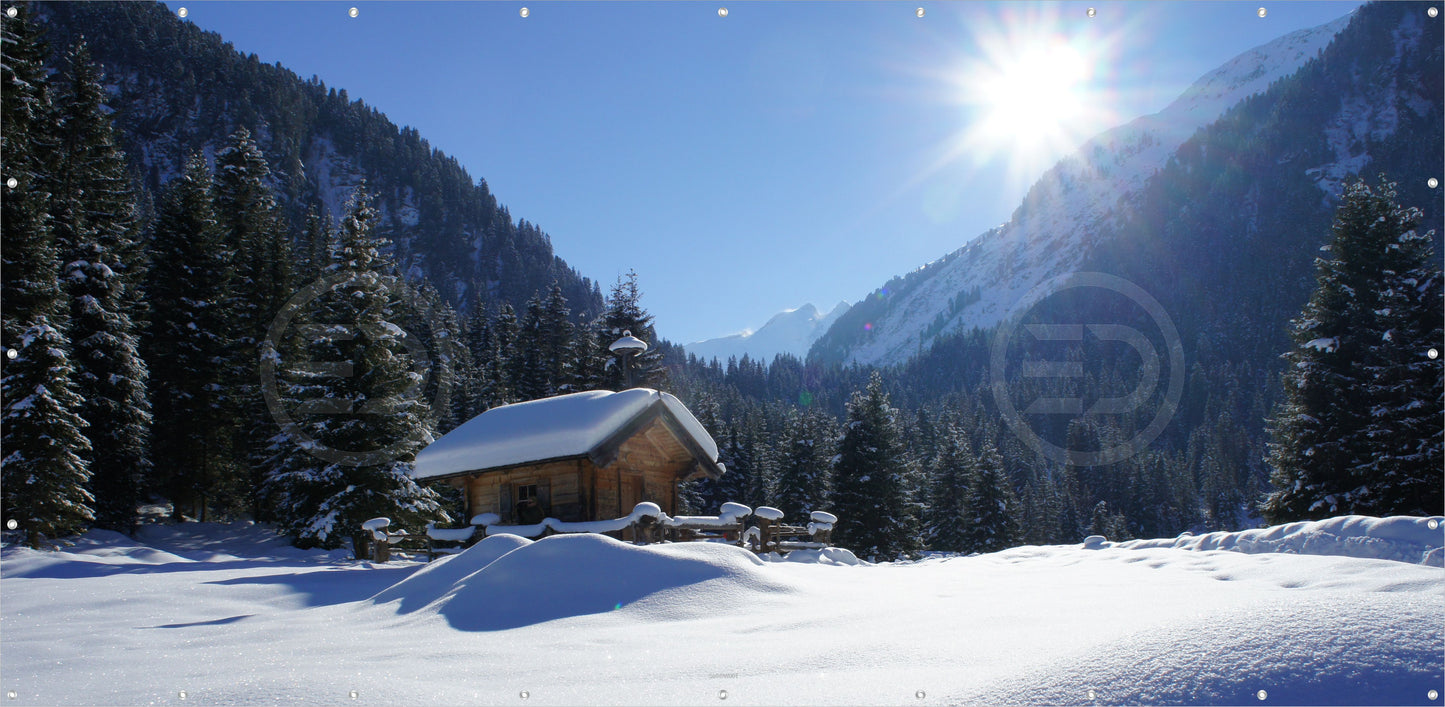 Outdoor Bild Banner Außen Gartenposter wetterfest 370x180 Winter Landschaft Hütte