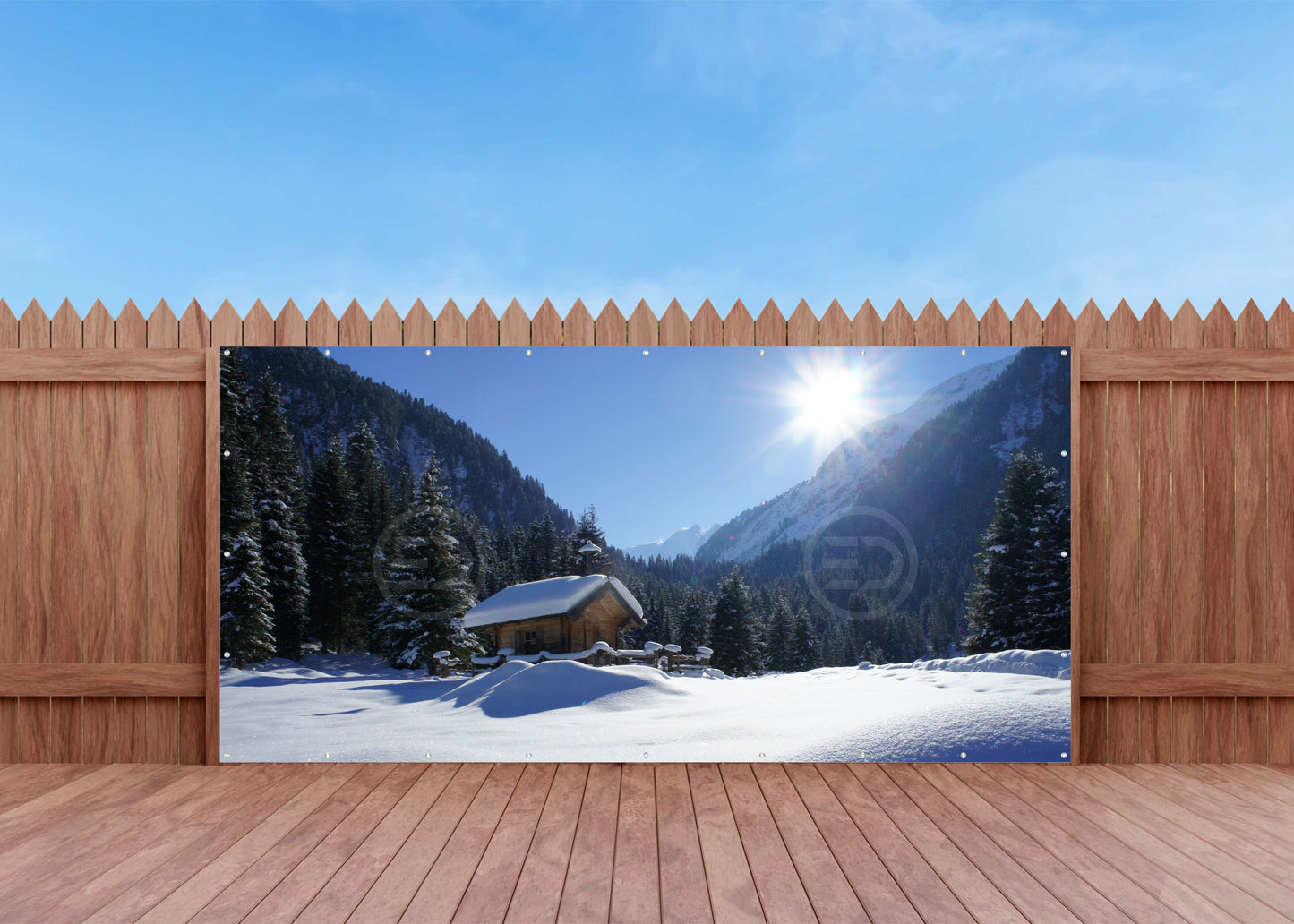 Outdoor Bild Banner Außen Gartenposter wetterfest 370x180 Winter Landschaft Hütte