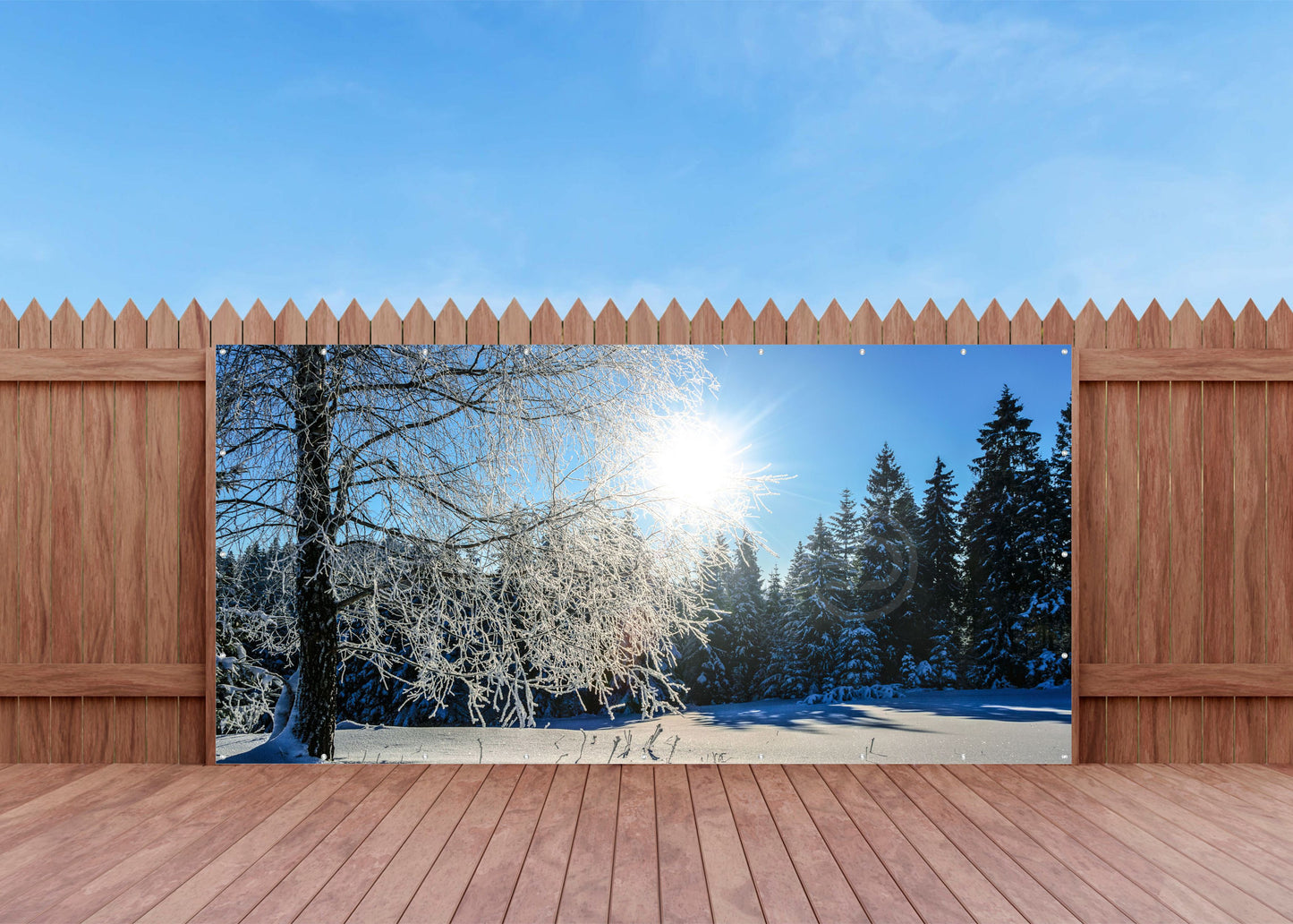 Outdoor Bild Banner Außen Gartenposter wetterfest 370x180 Winter Landschaft Sonne