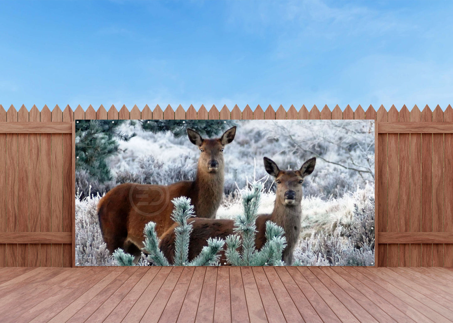 Outdoor Bild Banner Außen Gartenposter wetterfest 370x180 Winter Landschaft Rehe