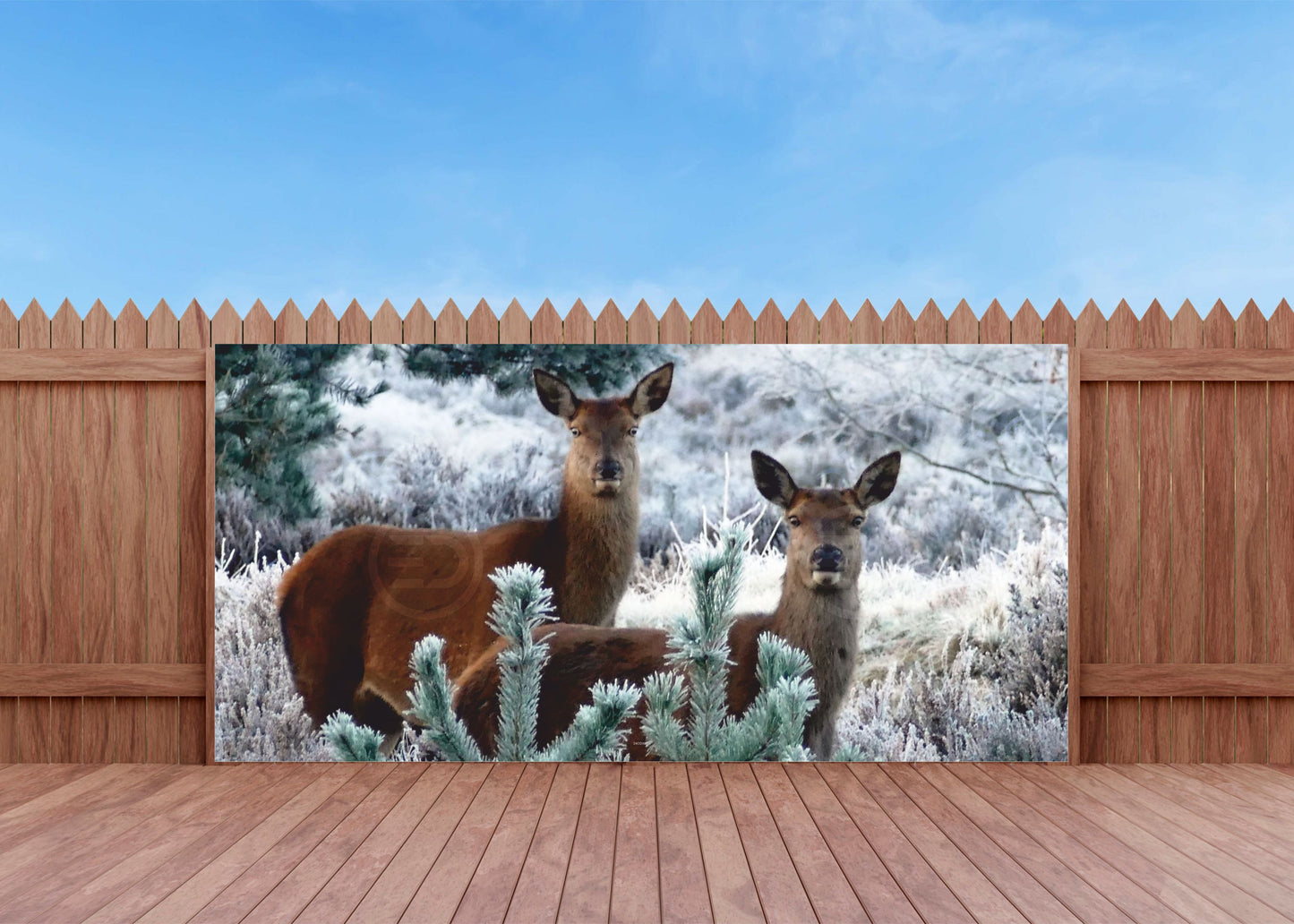 Outdoor Bild Banner Außen Gartenposter wetterfest 370x180 Winter Landschaft Rehe