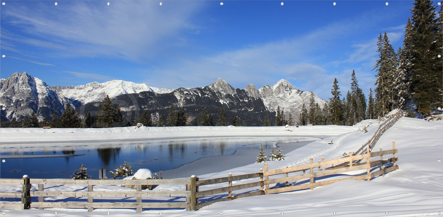 Outdoor Bild Banner Außen Gartenposter wetterfest 370x180 Winter Landschaft See