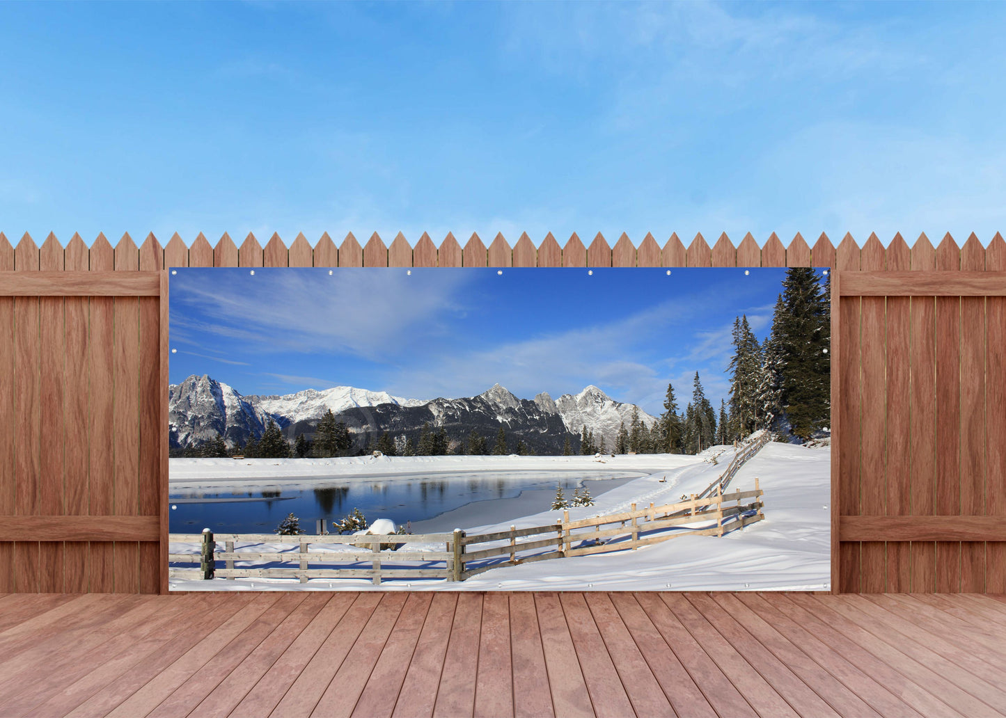 Outdoor Bild Banner Außen Gartenposter wetterfest 370x180 Winter Landschaft See