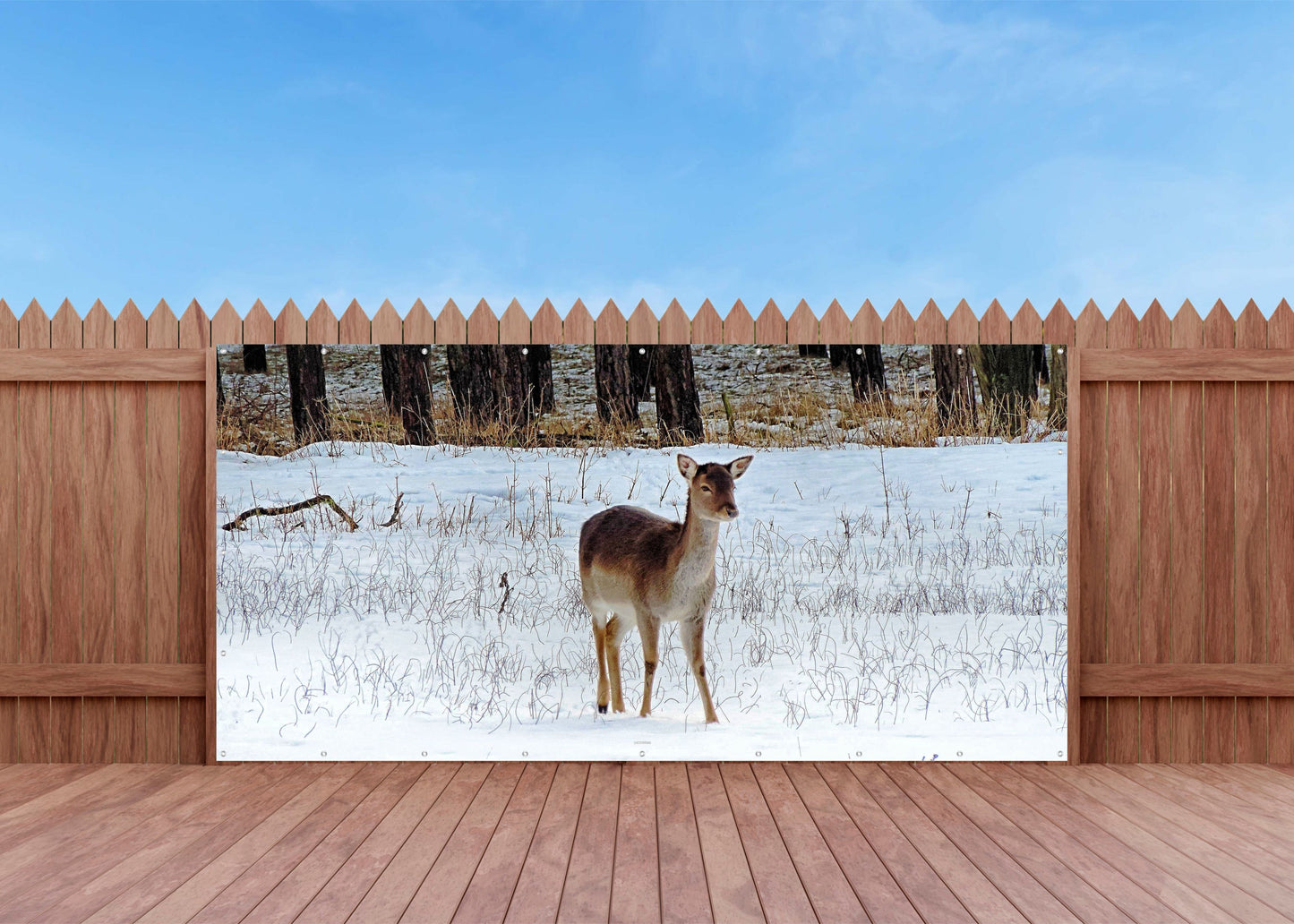 Outdoor Bild Banner Außen Gartenposter wetterfest 370x180 Winter Landschaft Reh