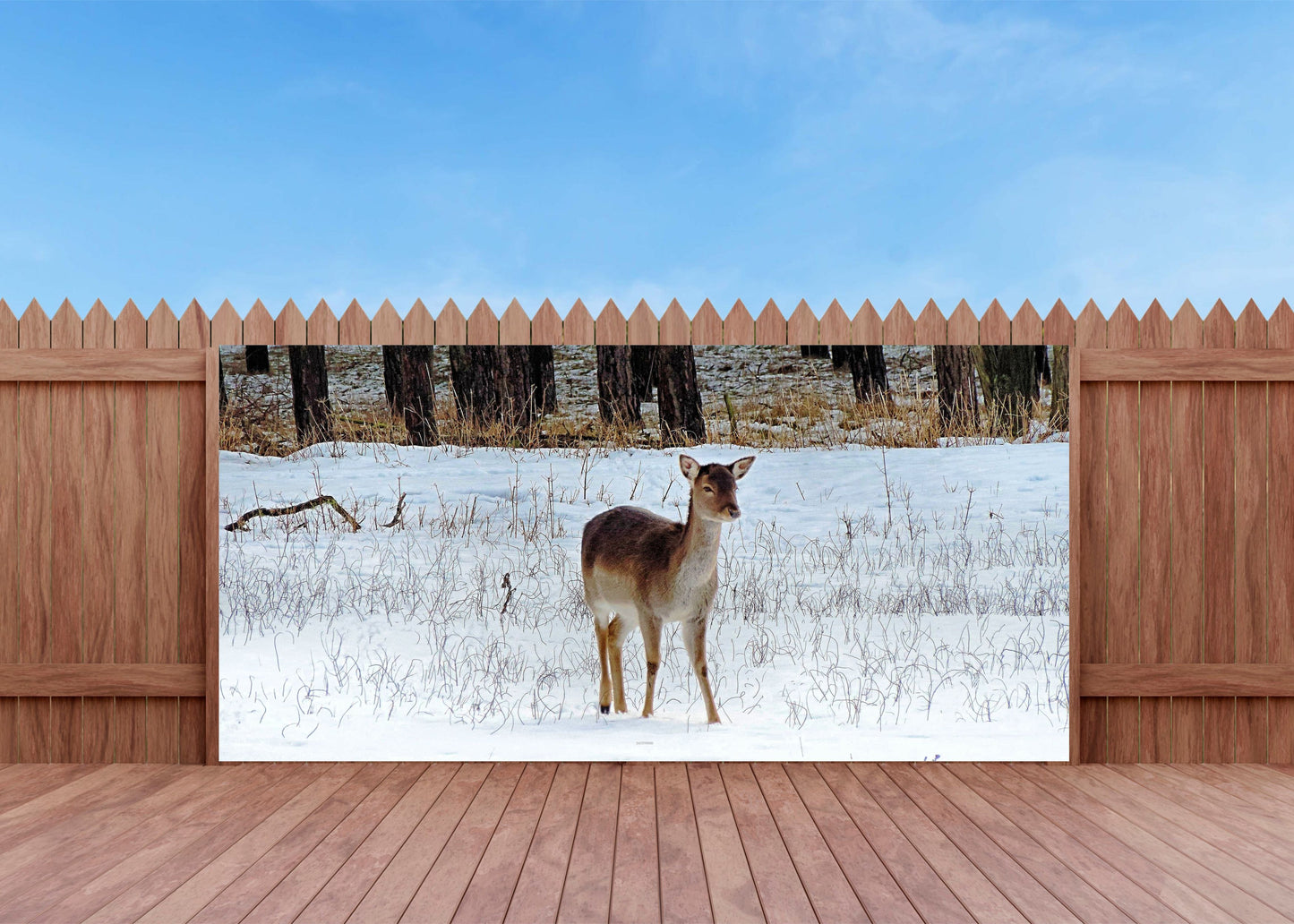 Outdoor Bild Banner Außen Gartenposter wetterfest 370x180 Winter Landschaft Reh