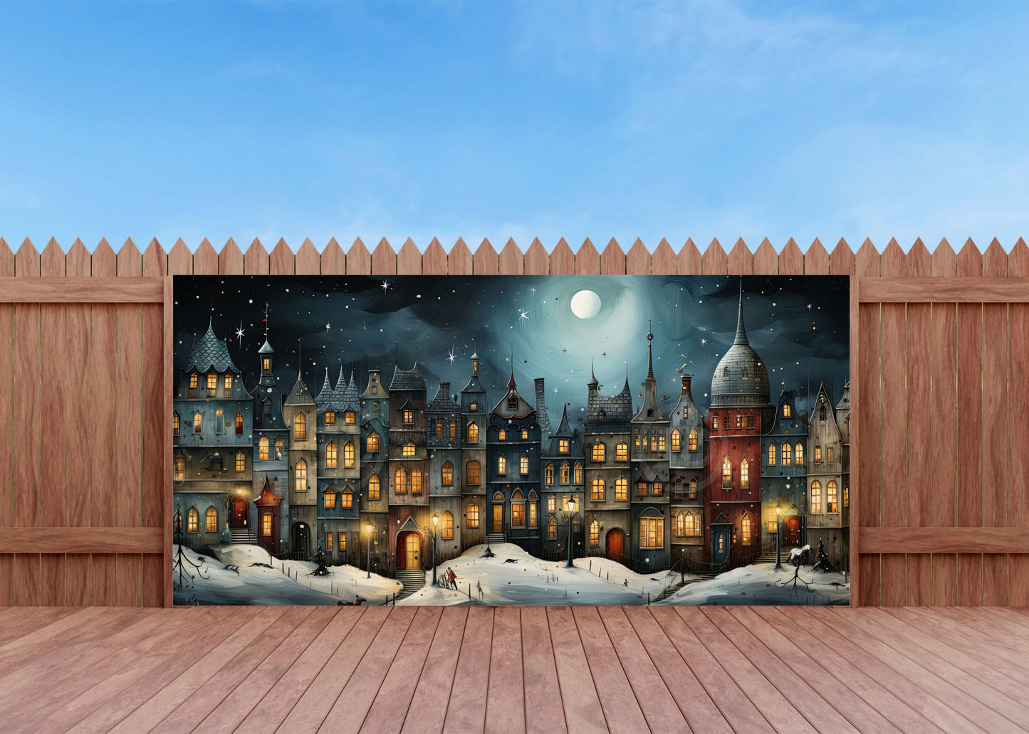 Outdoor Bild Banner Außen Gartenposter wetterfest 370x180 cm Winter Stadt Weihnachten