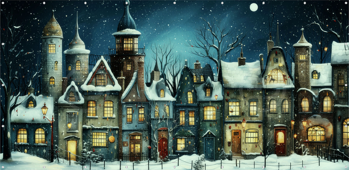 Outdoor Bild Banner Außen Gartenposter wetterfest 370x180 cm Winter Dorf Weihnachten