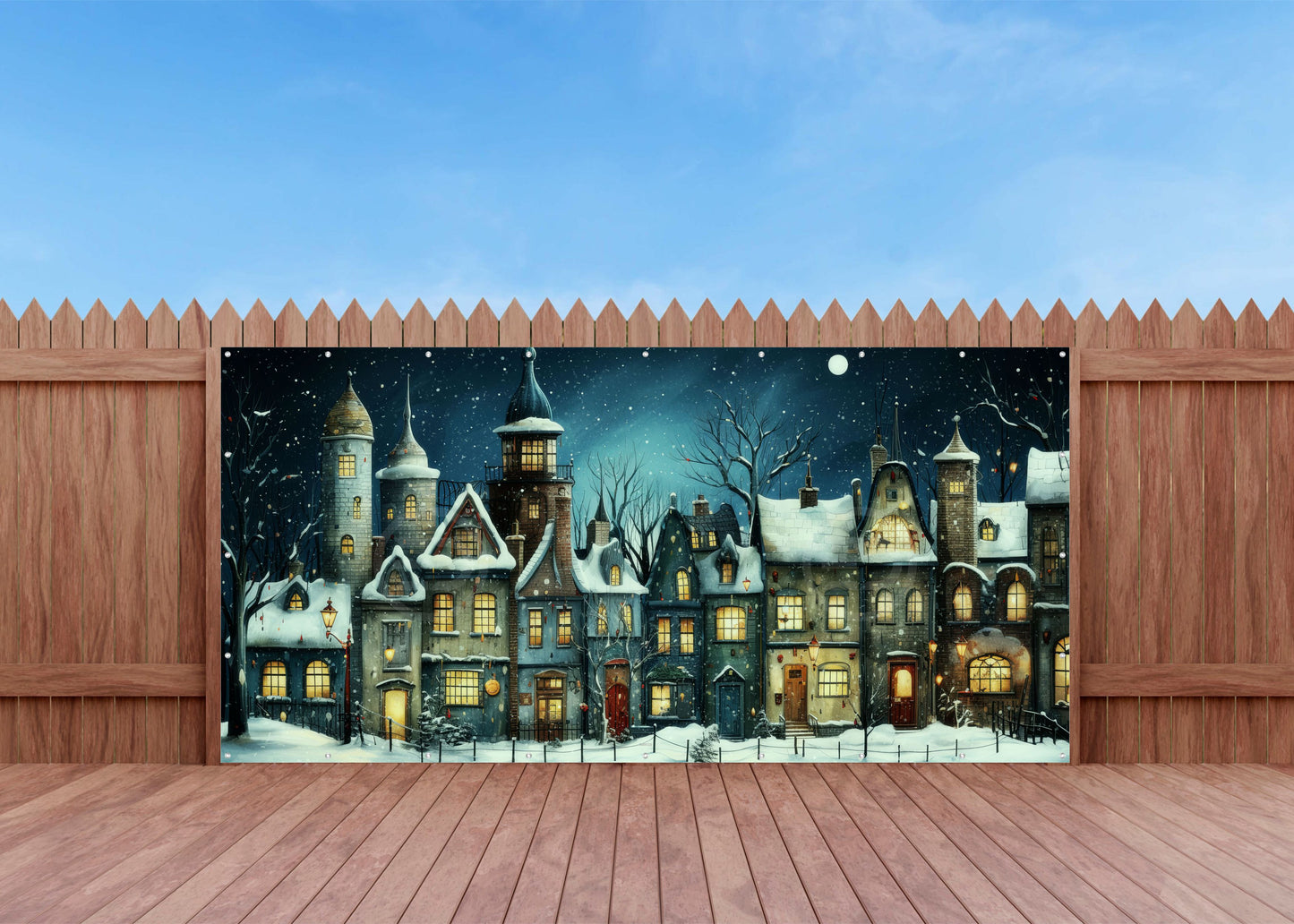 Outdoor Bild Banner Außen Gartenposter wetterfest 370x180 cm Winter Dorf Weihnachten