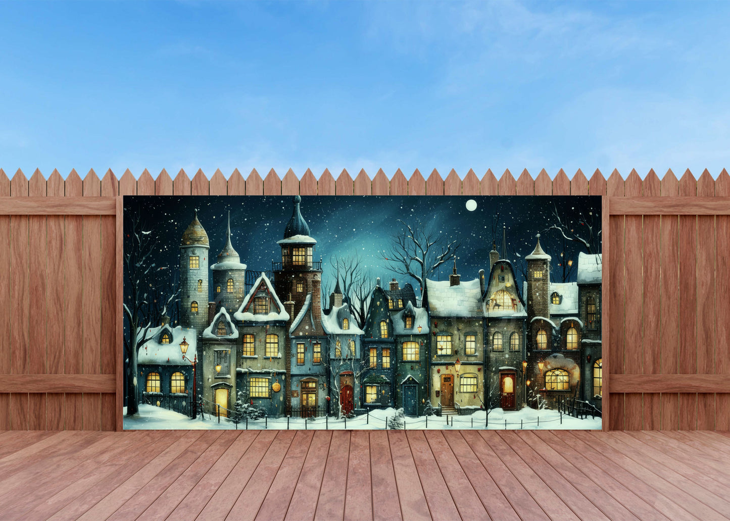 Outdoor Bild Banner Außen Gartenposter wetterfest 370x180 cm Winter Dorf Weihnachten