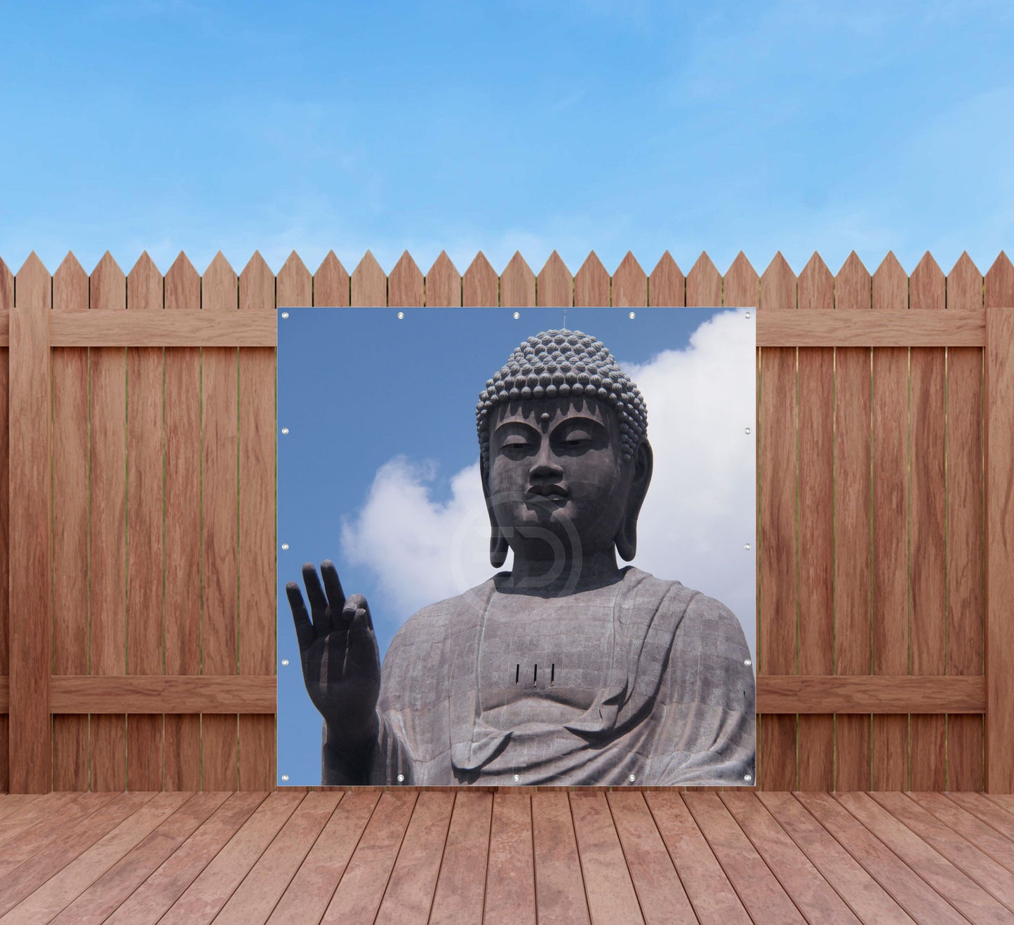 Outdoor Bild Banner Außen Gartenposter Wetterfest 180x180 Buddha Stein Grau