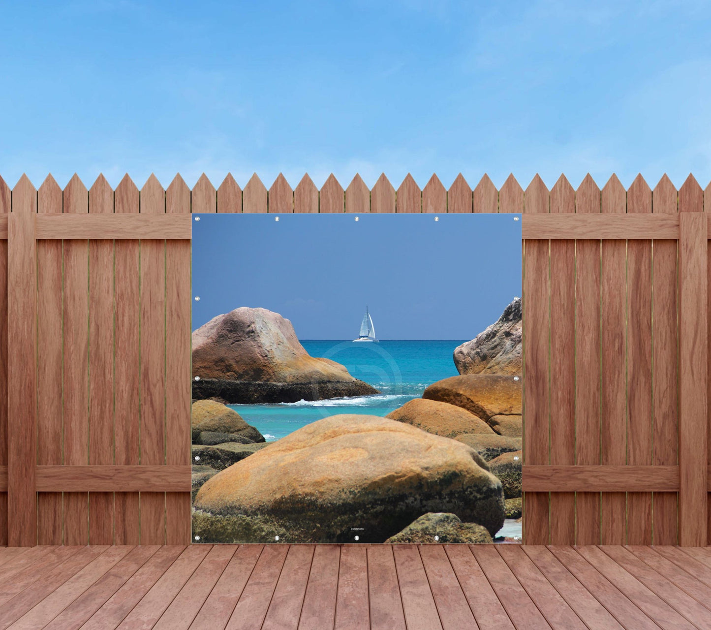 Outdoor Bild Banner Außen Gartenposter Wetterfest 180x180 Meer Felsen Boot