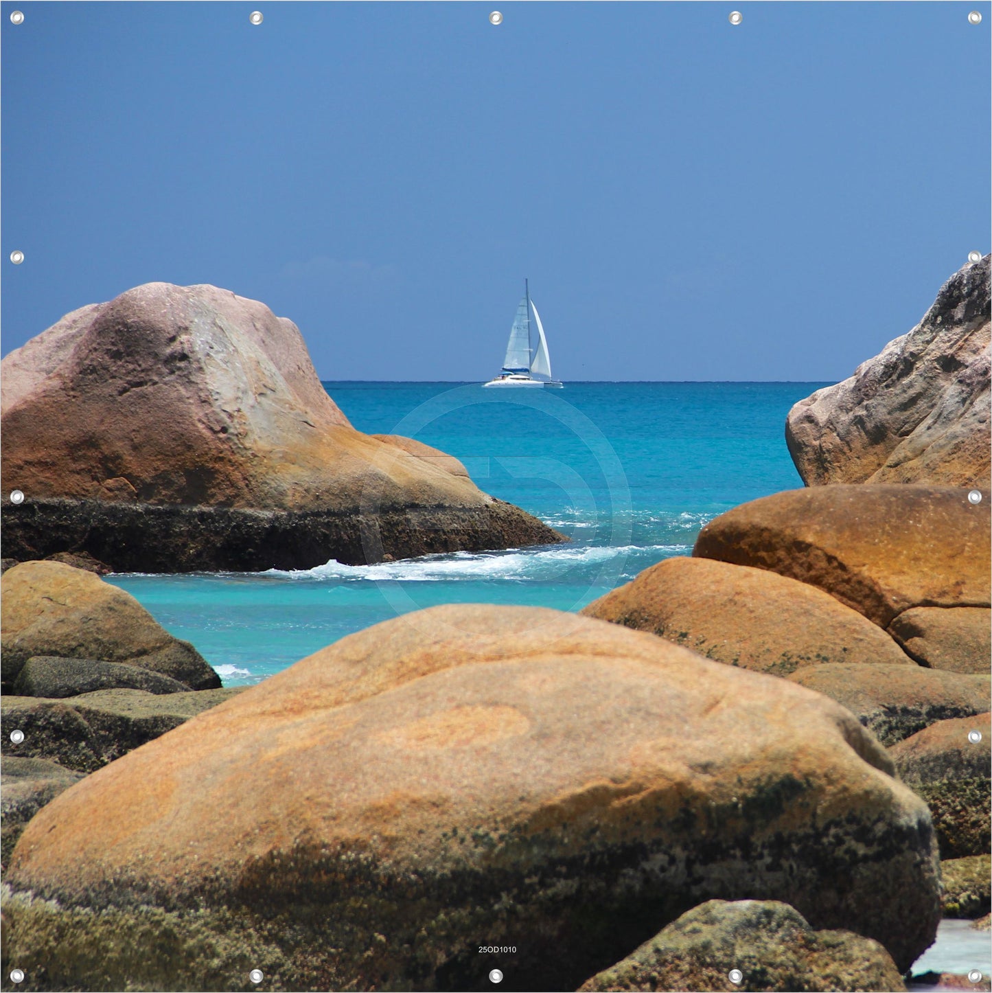 Outdoor Bild Banner Außen Gartenposter Wetterfest 180x180 Meer Felsen Boot