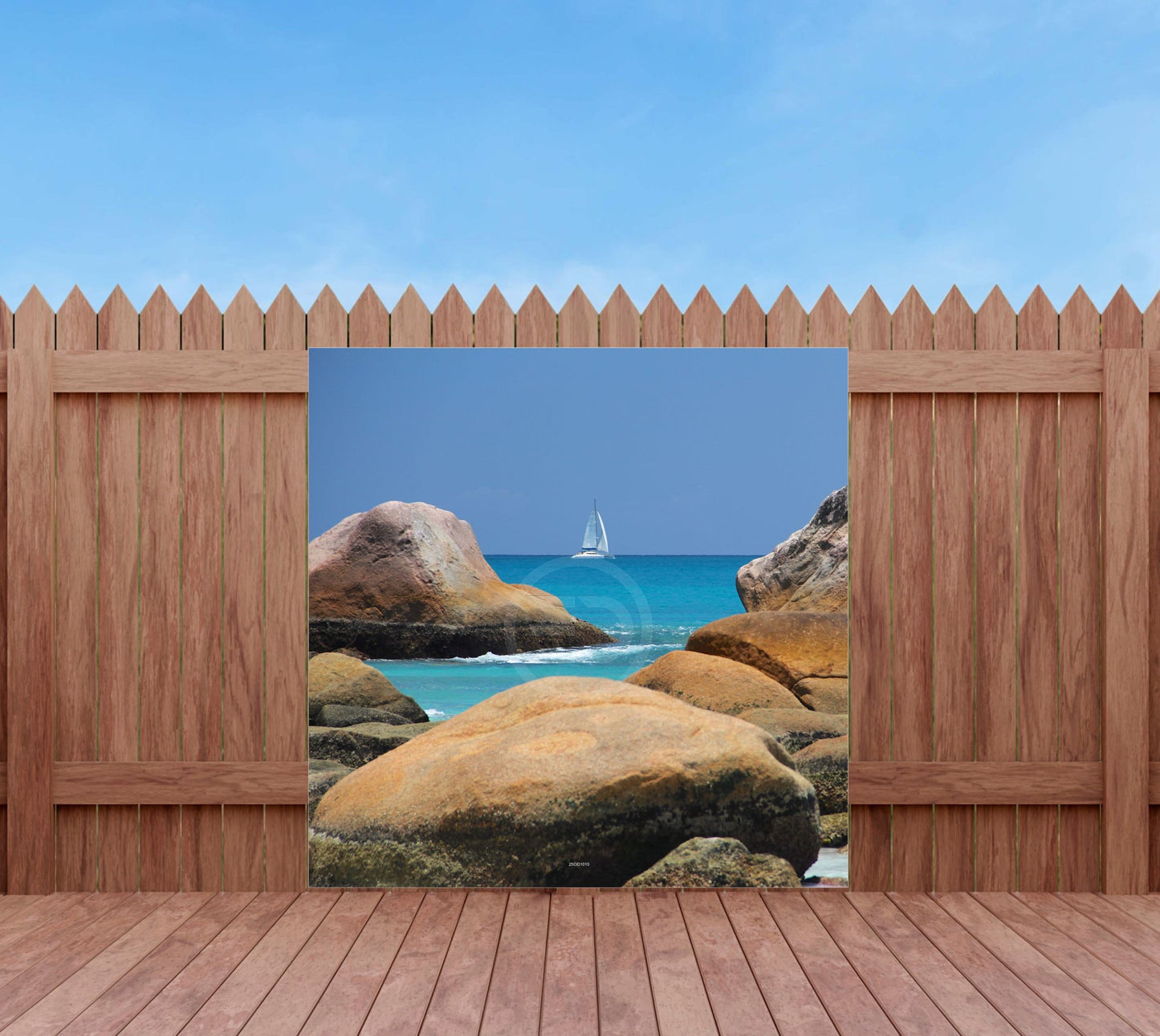 Outdoor Bild Banner Außen Gartenposter Wetterfest 180x180 Meer Felsen Boot