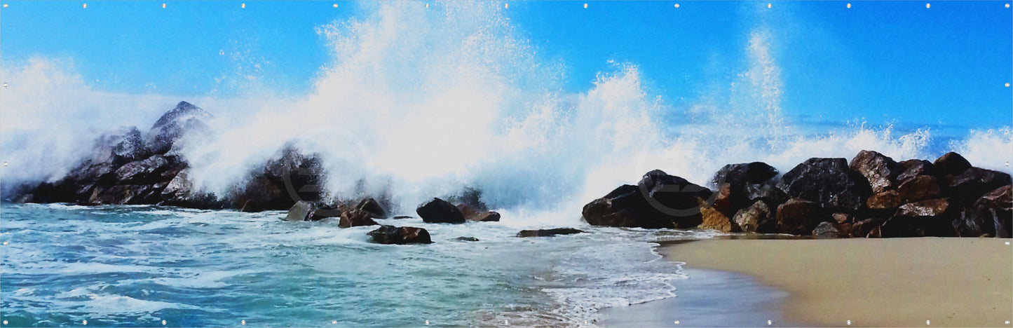 Outdoor Bild Banner Außen Gartenposter wetterfest 560x180 Strand Felsen Meer
