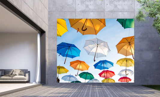 Outdoor Bild Banner Außen Gartenposter wetterfest XXL 300x250 Regenschirme Bunt