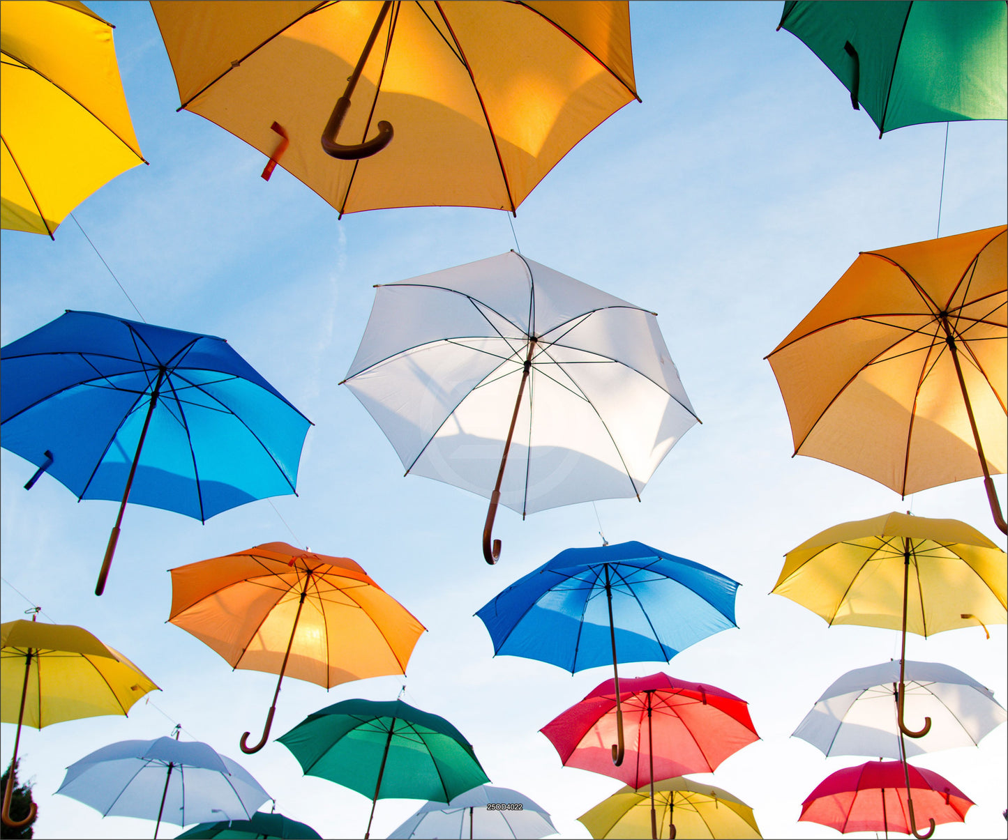 Outdoor Bild Banner Außen Gartenposter wetterfest 300x250cm Regenschirme Bunt