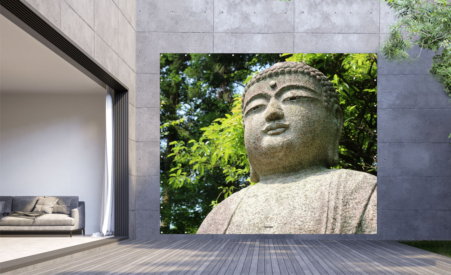 Outdoor Bild Banner Außen Gartenposter wetterfest XXL 300x250 Buddha Stein Natur