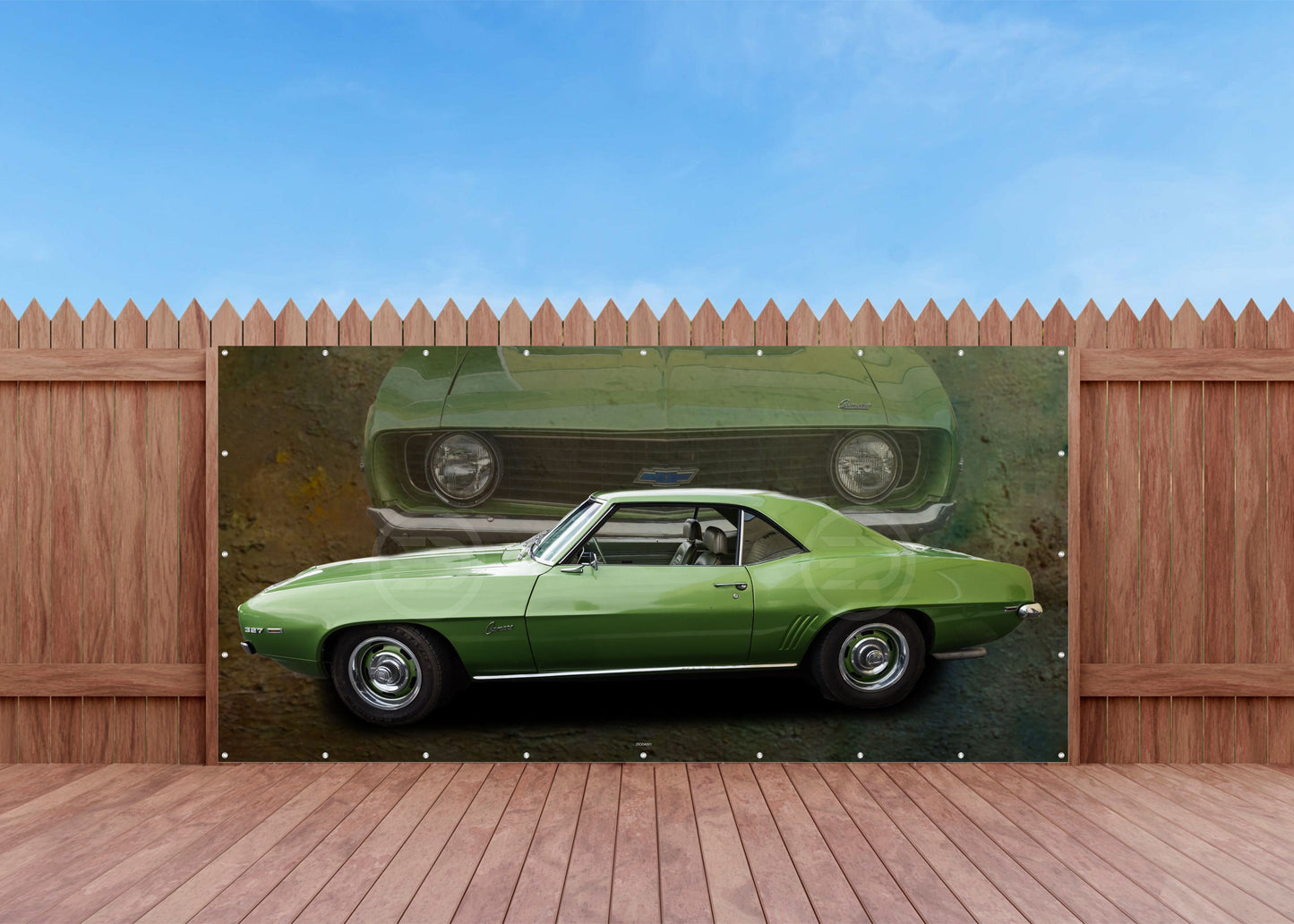 OUTDOOR BILD BANNER GARTENPOSTER WETTERFEST 370x180 AUTO US CAR GRÜN