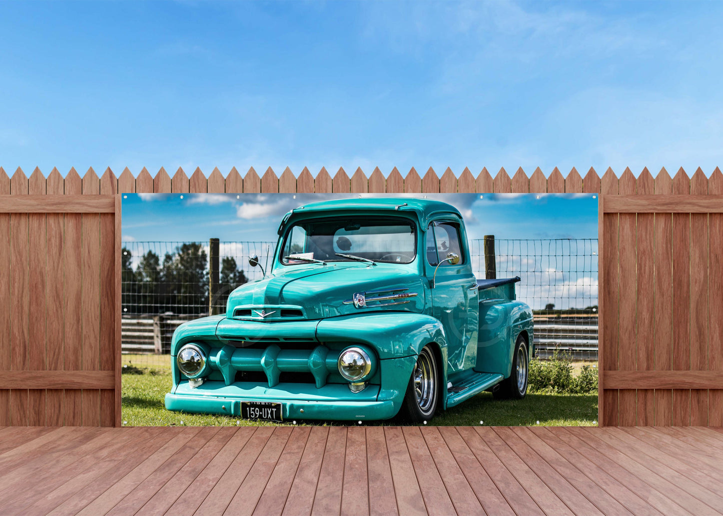 OUTDOOR BILD BANNER GARTENPOSTER ZAUN WETTERFEST 370x180 AUTO US CAR FORD