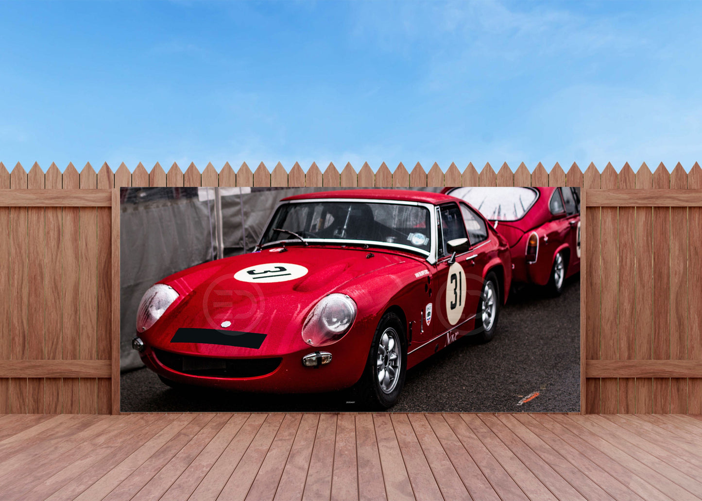 OUTDOOR BILD BANNER GARTENPOSTER AUSSEN WETTERFEST 370x180 AUTO RENNWAGEN OLDTIMER