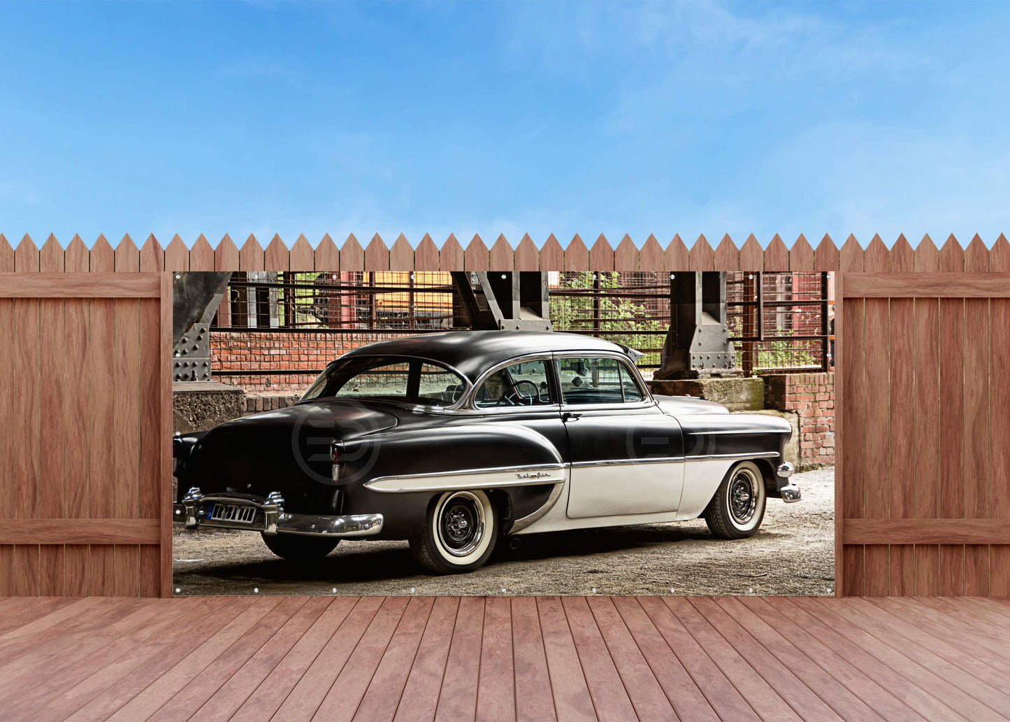 OUTDOOR BILD BANNER GARTENPOSTER AUSSEN WETTERFEST 370x180 AUTO US CAR OLDTIMER