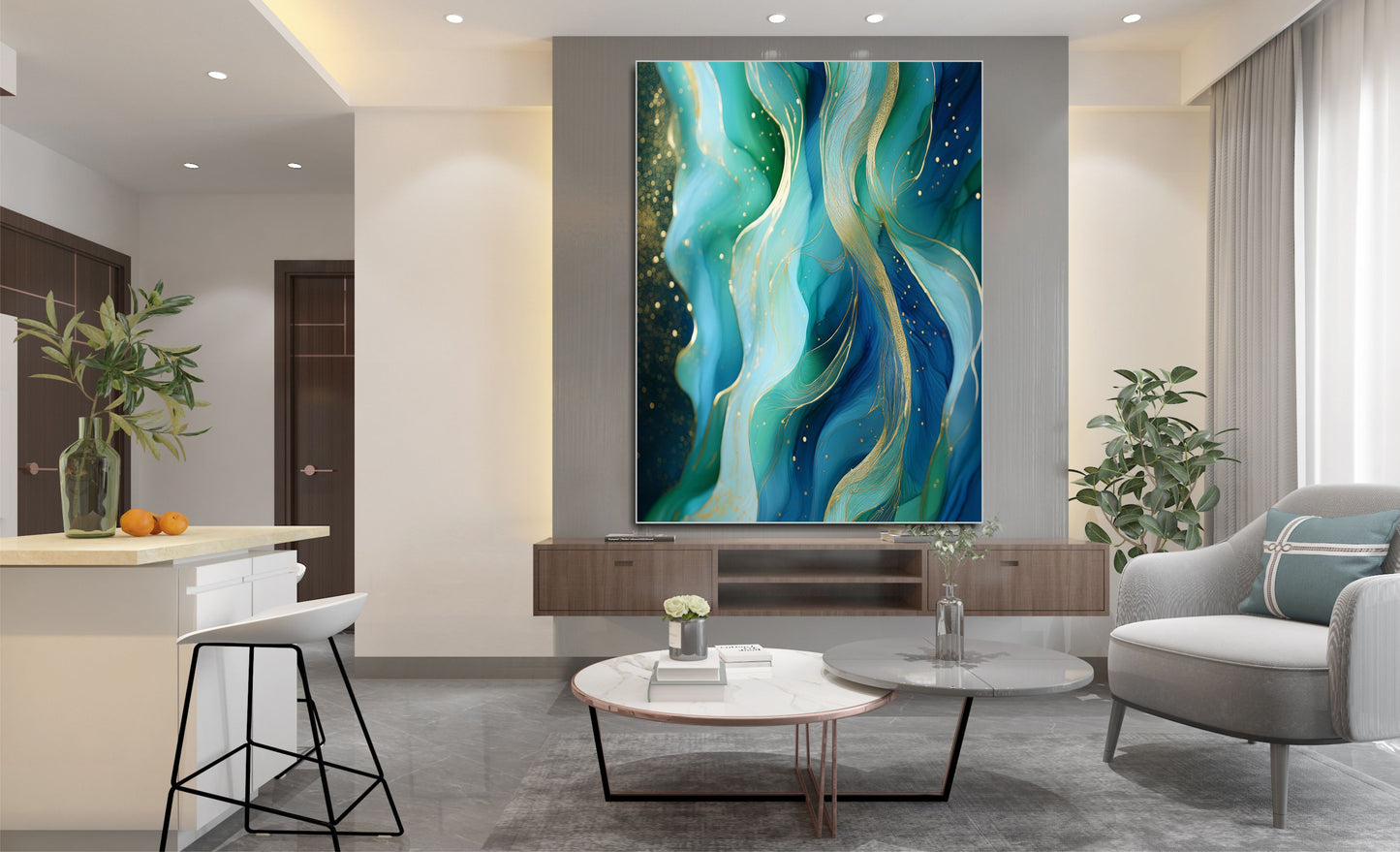 WANDBILD MIT RAHMEN 150x200 ABSTRAKT BILDER XXL WOHNZIMMER KUNST BLAU GOLD