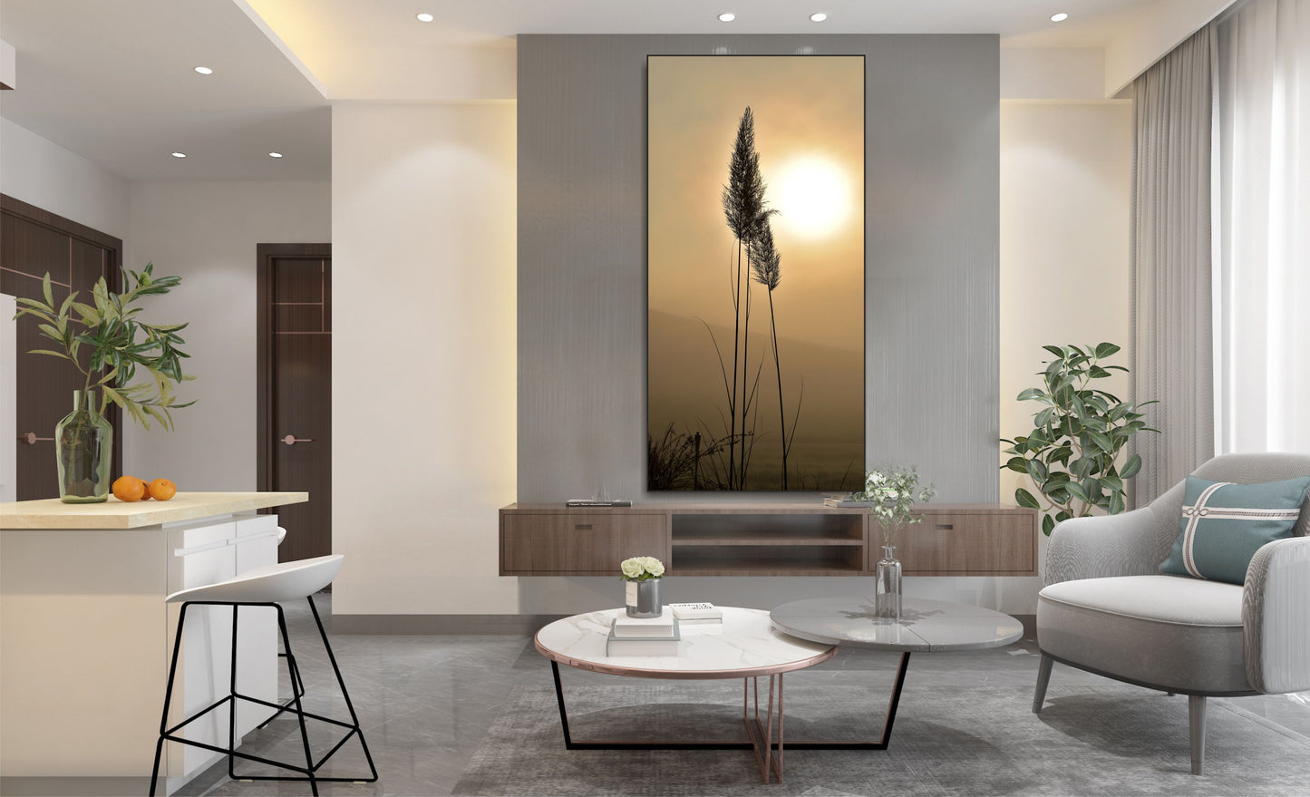 WANDBILDER ALURAHMEN XXL NATUR BILDER 100x200 WOHNZIMMER GRÄSER ABEND
